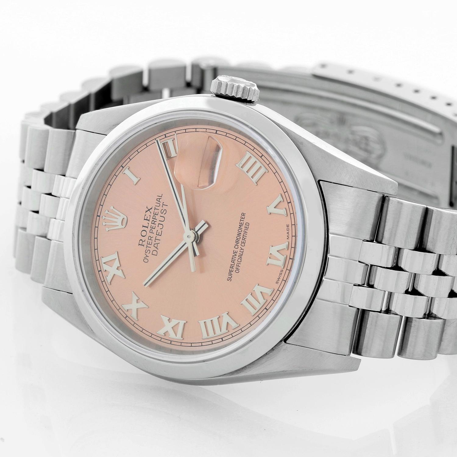 Rolex Datejust Men's Stainless Steel Automatic Winding Watch 16200 - Automatic winding, Quickset, sapphire crystal. Stainless steel case with smooth bezel (36mm diameter). Salmon dial with Roman numerals . Stainless Steel Jubilee bracelet .