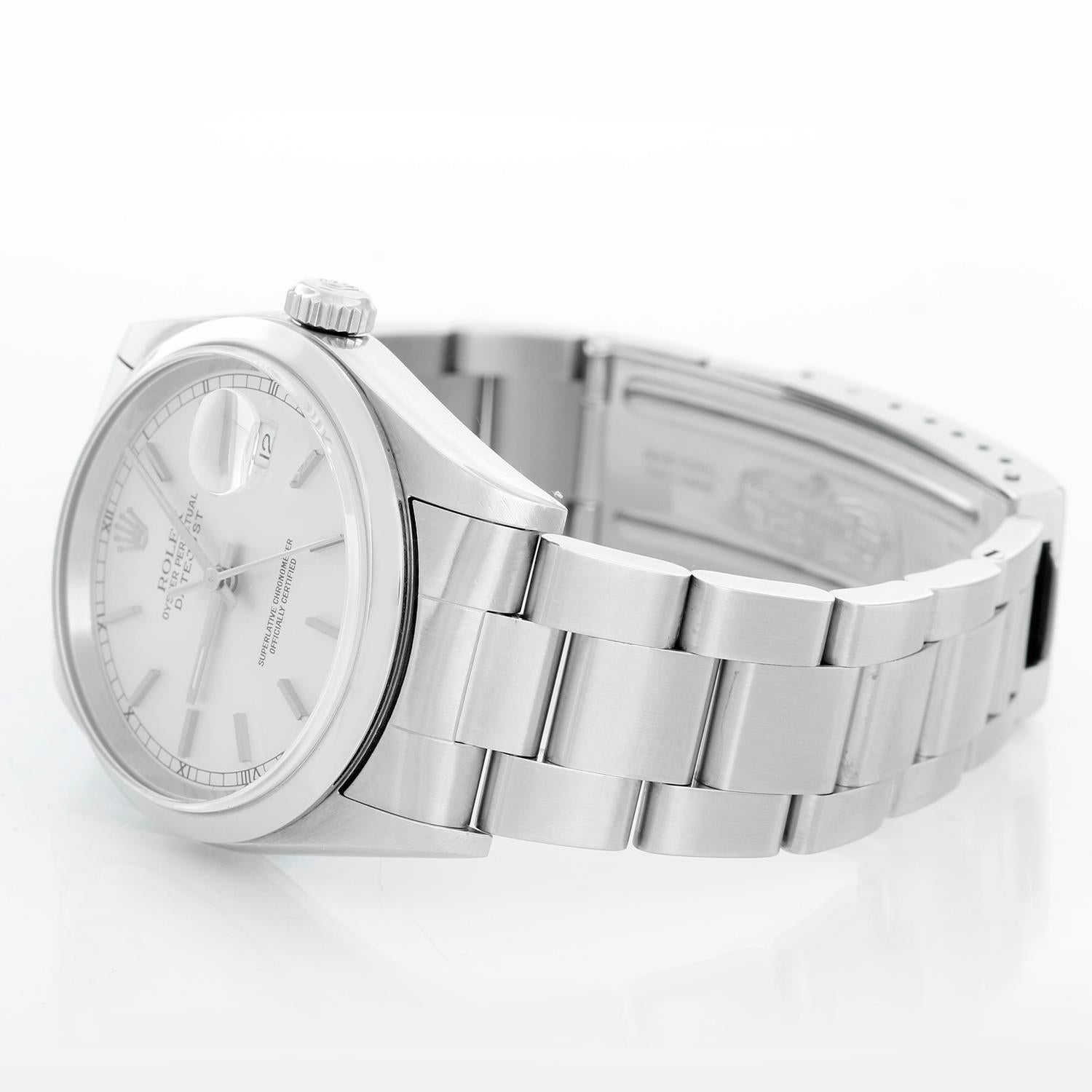 Rolex Datejust Men's Stainless Steel Automatic Winding Watch 16200 - Automatic winding, Quickset, sapphire crystal. Stainless steel case with smooth bezel (36mm diameter). Silver dial with stick hour markers. Stainless Steel Oyster bracelet.