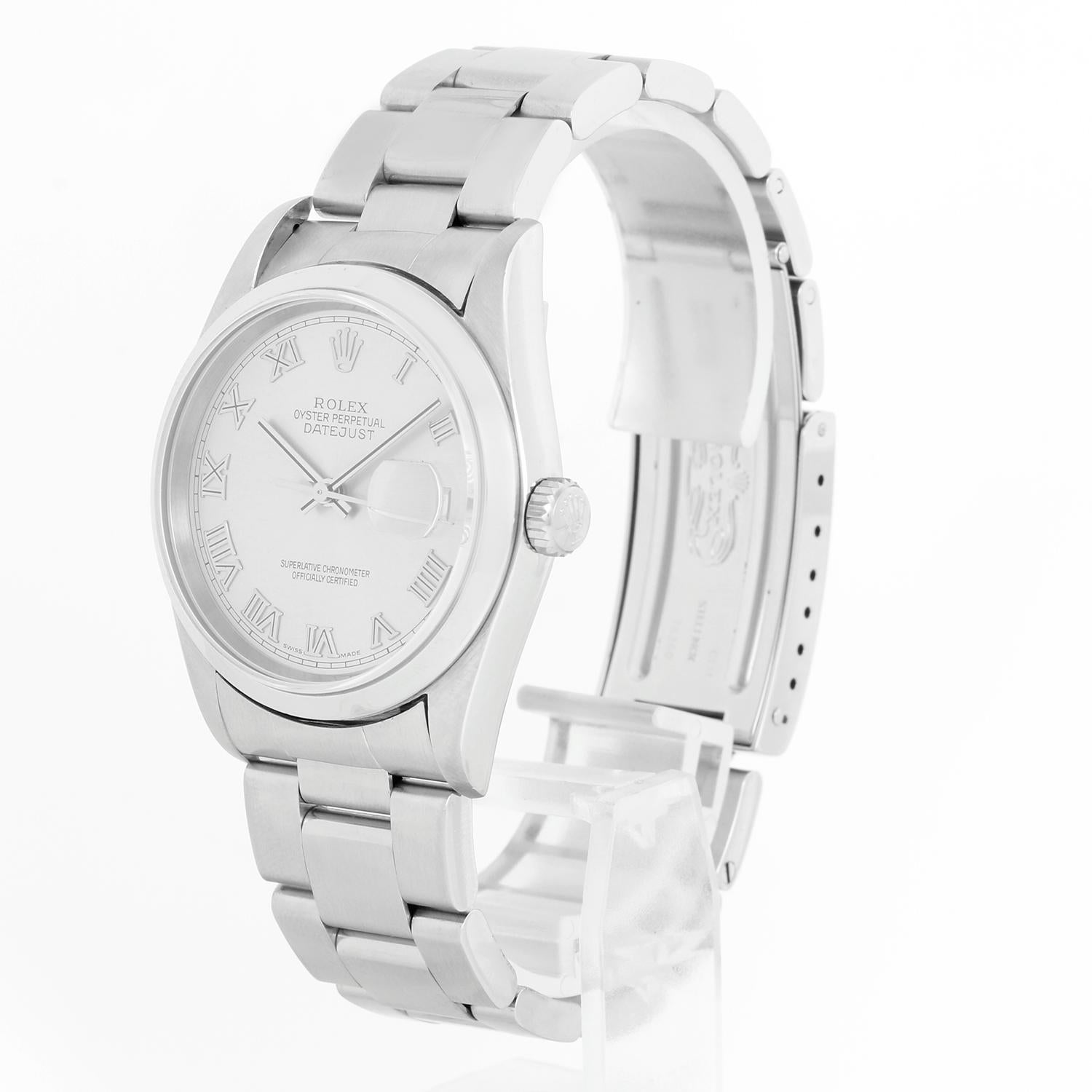 Rolex Datejust Men's Stainless Steel Automatic Winding Watch 16200 - Automatic winding, Quickset, sapphire crystal. Stainless steel case with smooth bezel (36mm diameter). Silver  dial with Roman numerals . Stainless Steel Oyster bracelet. Pre-owned