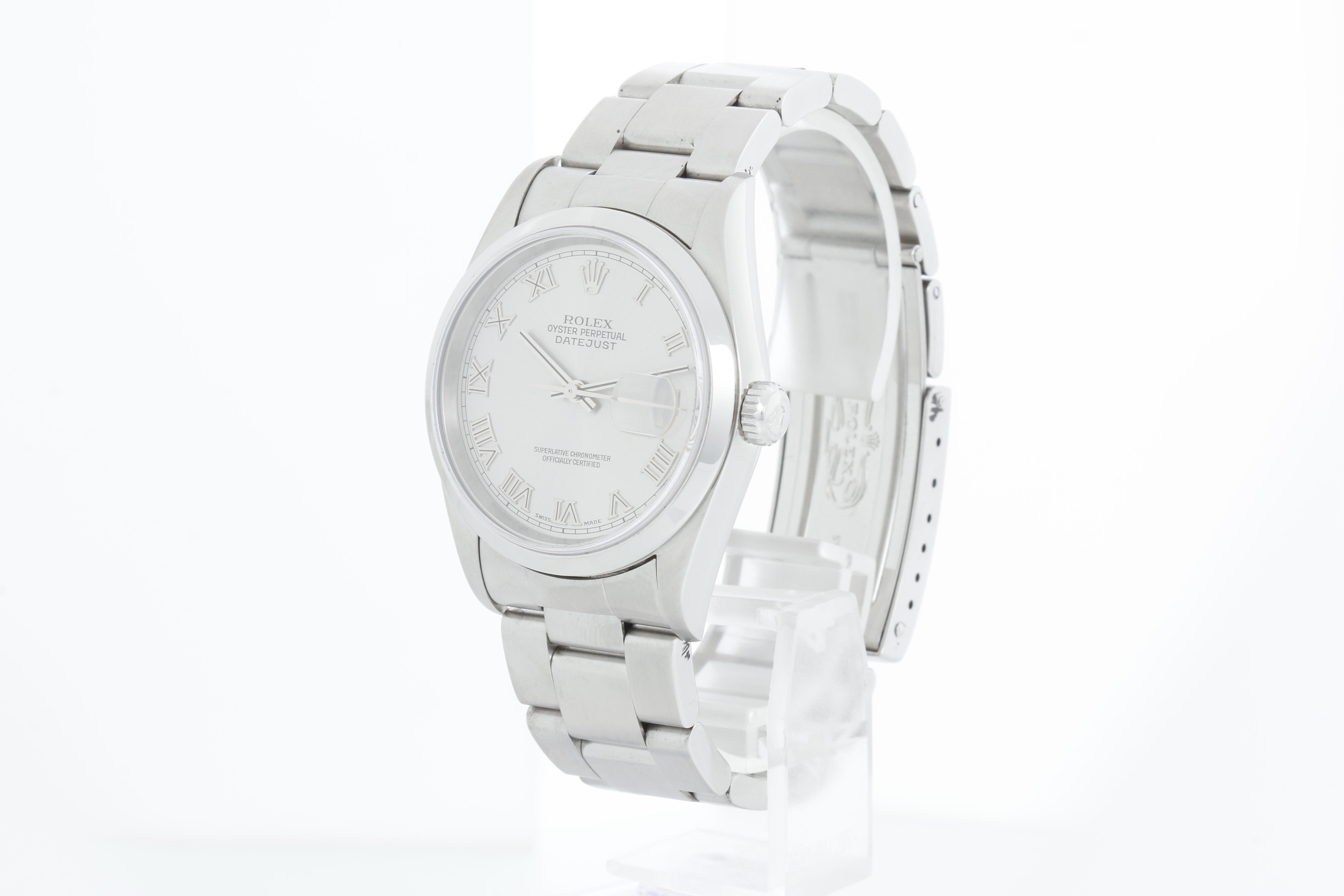 Rolex Datejust Men's Stainless Steel Automatic Winding Watch 16200 - Automatic winding, Quickset, sapphire crystal. Stainless steel case with smooth bezel (36mm diameter). Silver dial with Roman numerals . Stainless Steel Oyster bracelet. Pre-owned