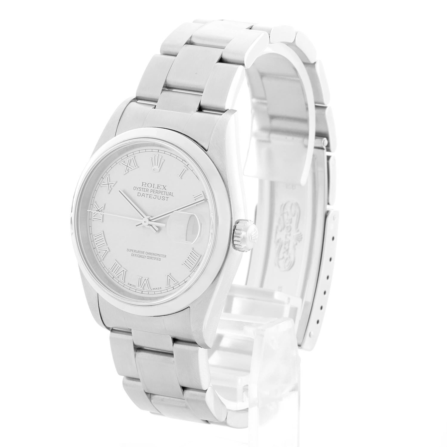 Rolex Datejust Orologio da uomo in acciaio inossidabile a carica automatica 16200 - Carica automatica, Quickset, vetro zaffiro. Datejust. Cassa in acciaio inossidabile con lunetta liscia (diametro 36 mm). Quadrante argento/rodiano con indici romani.