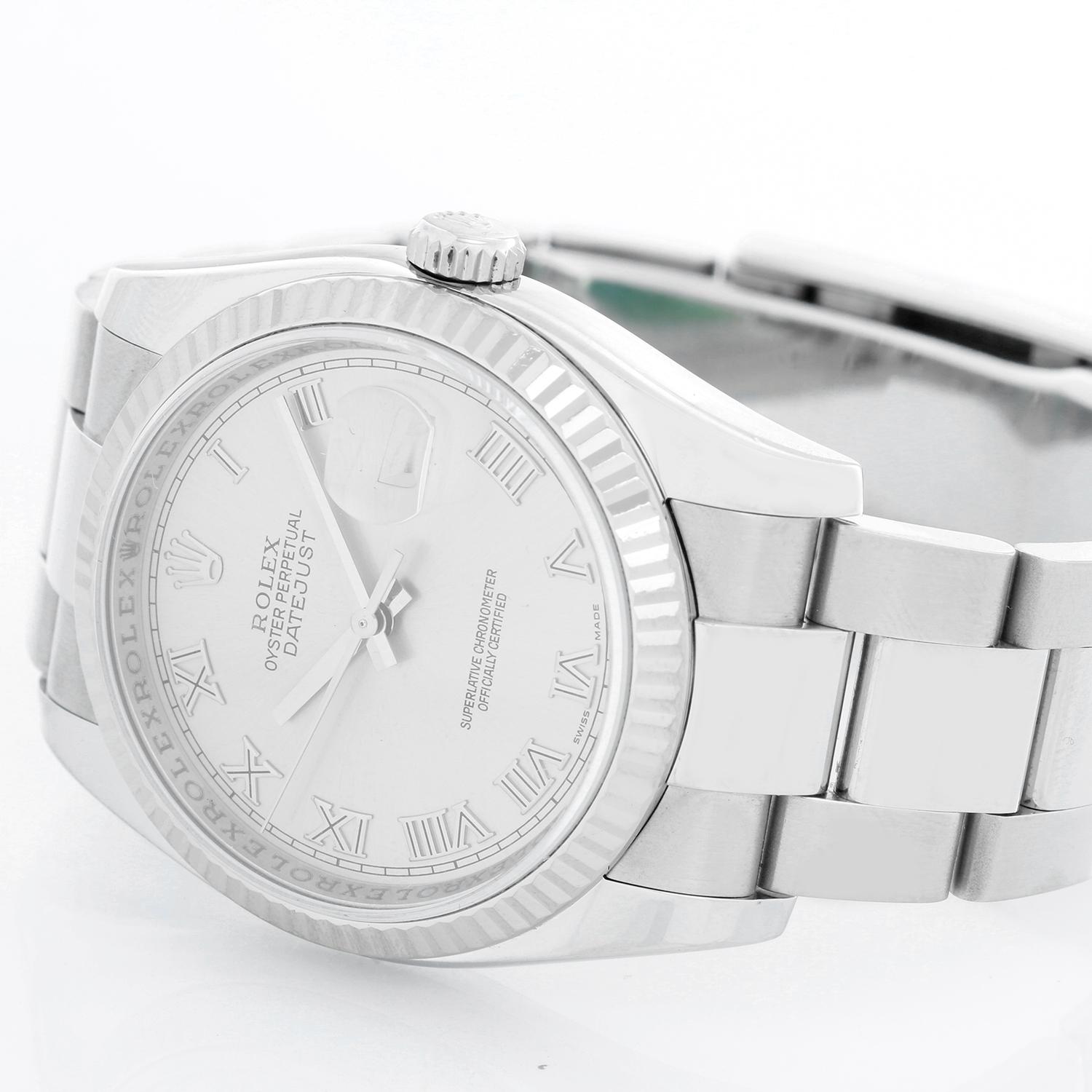Rolex Datejust Men's Stainless Steel Watch 116234 - Automatic winding, 31 jewels, Quickset, sapphire crystal. Stainless steel case with 18k white gold fluted bezel ( 36 mm) . Silver dial with Roman numerals. Stainless steel Jubilee bracelet.