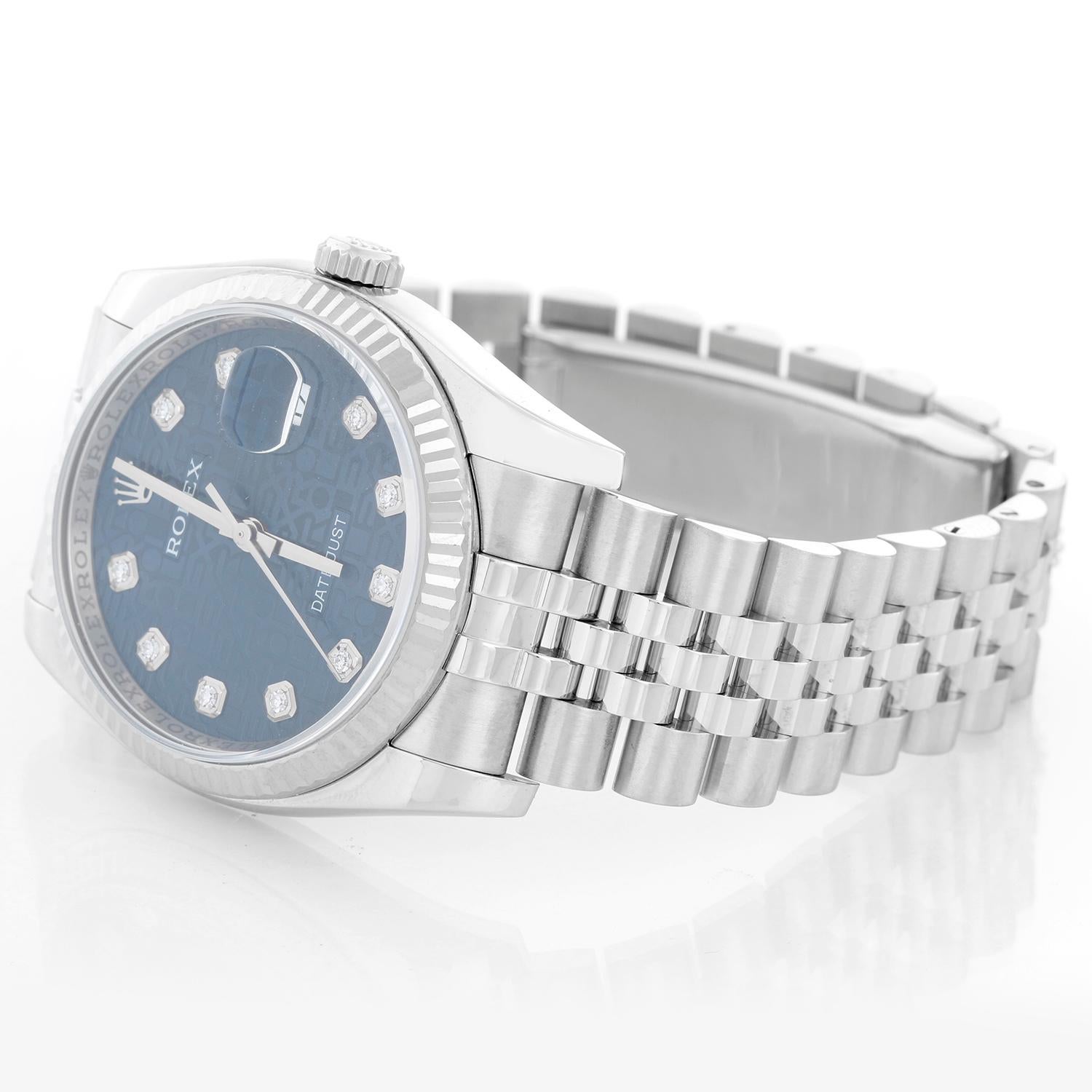 Rolex Datejust Men's Stainless Steel Watch 116234 - Automatic winding, 31 jewels, Quickset, sapphire crystal. Stainless steel case with 18k white gold fluted bezel . Blue jubilee dial with diamonds . Stainless steel hidden-clasp Jubilee bracelet