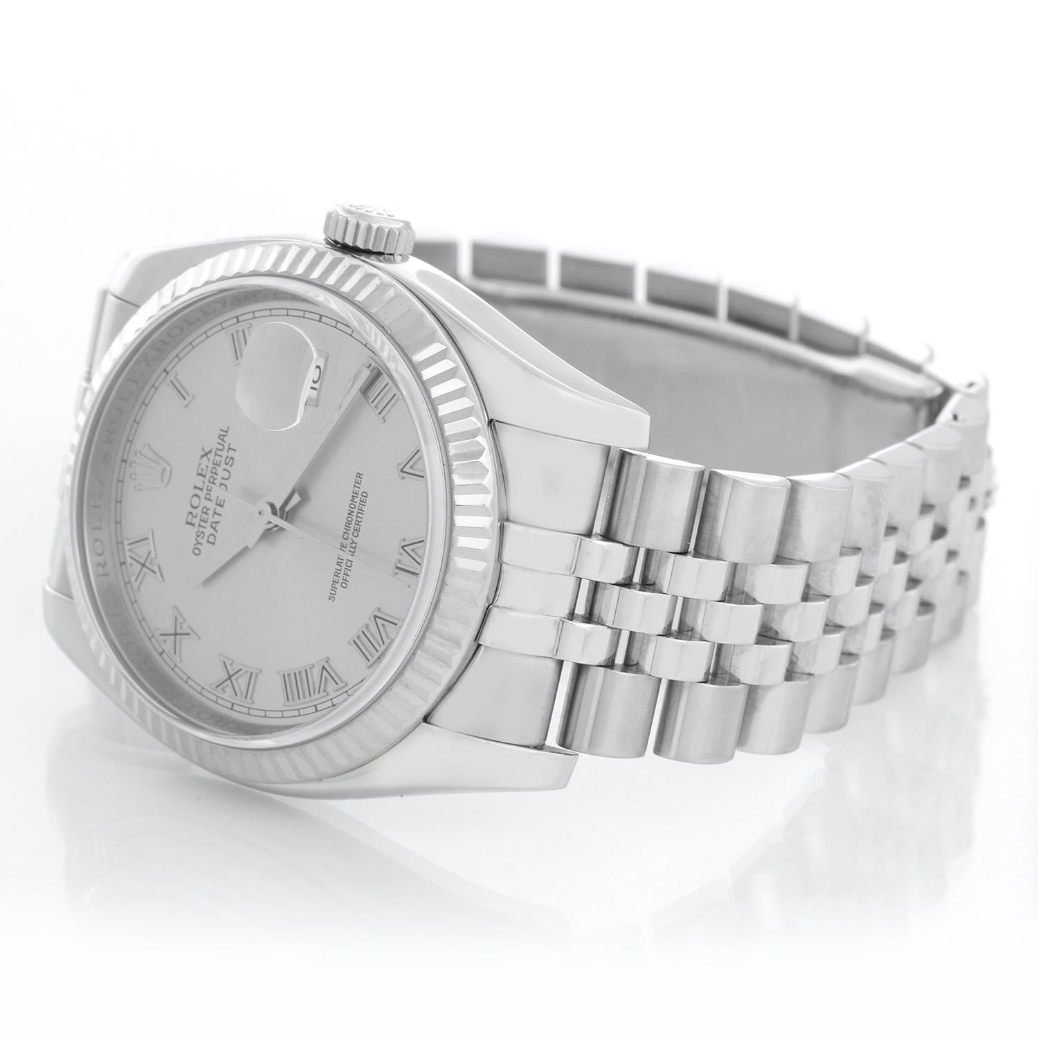 Rolex Datejust Men's Stainless Steel Watch 116234 - Automatic winding, 31 jewels, Quickset, sapphire crystal. Stainless steel case with 18k white gold fluted bezel . Rhodium dial with roman numerals . Stainless steel Jubilee bracelet. Pre-owned with