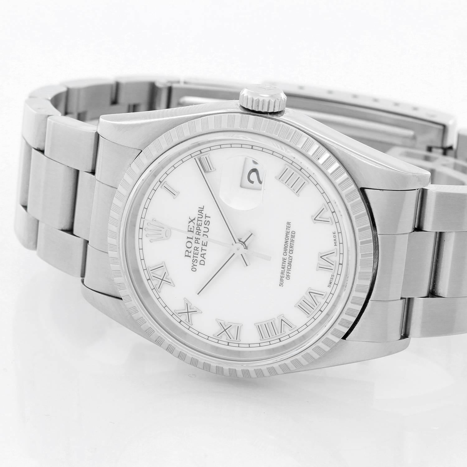 Rolex Datejust Men's Stainless Steel Watch 16220 -  Automatic winding, 31 jewels, Quickset, sapphire crystal. Stainless steel case with Engine-turned bezel (36mm diameter). White dial with Roman numerals. Stainless steel Oyster bracelet. Pre-owned