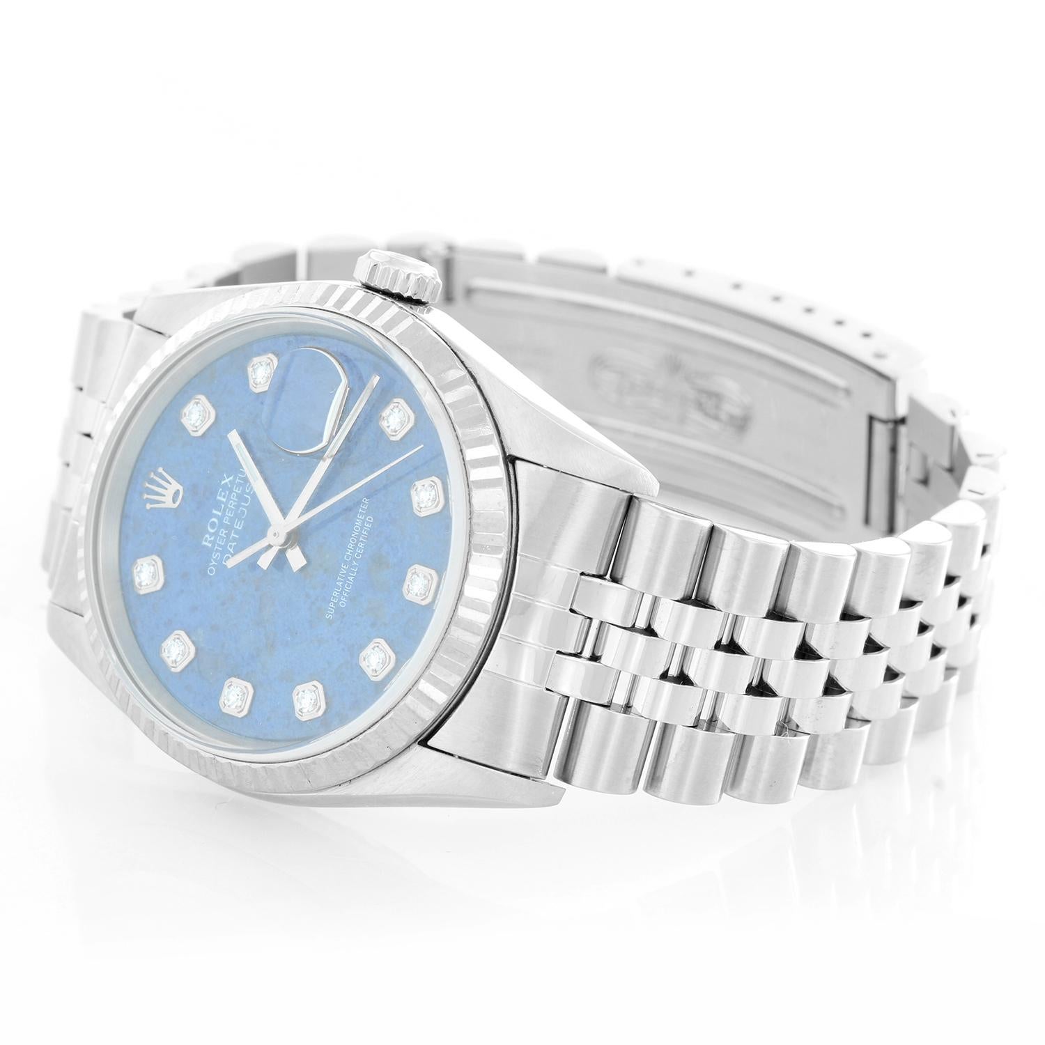Rolex Datejust Men's Stainless Steel Watch 16234 - Automatic winding, 31 jewels, Quickset, sapphire crystal. Stainless steel case with 18k white gold fluted bezel . Rolex Sodalite Diamond Dial . Stainless steel Jubilee bracelet. Pre-owned with