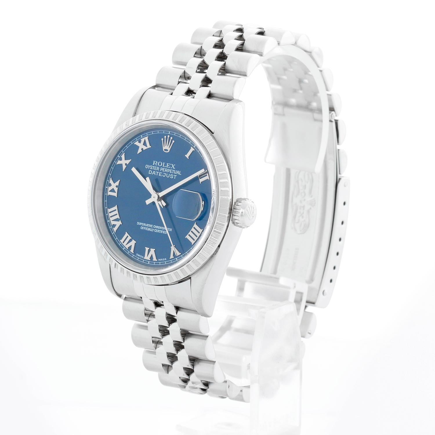 Reloj Rolex Datejust de acero inoxidable para hombre Esfera romana azul 16220 en venta 1