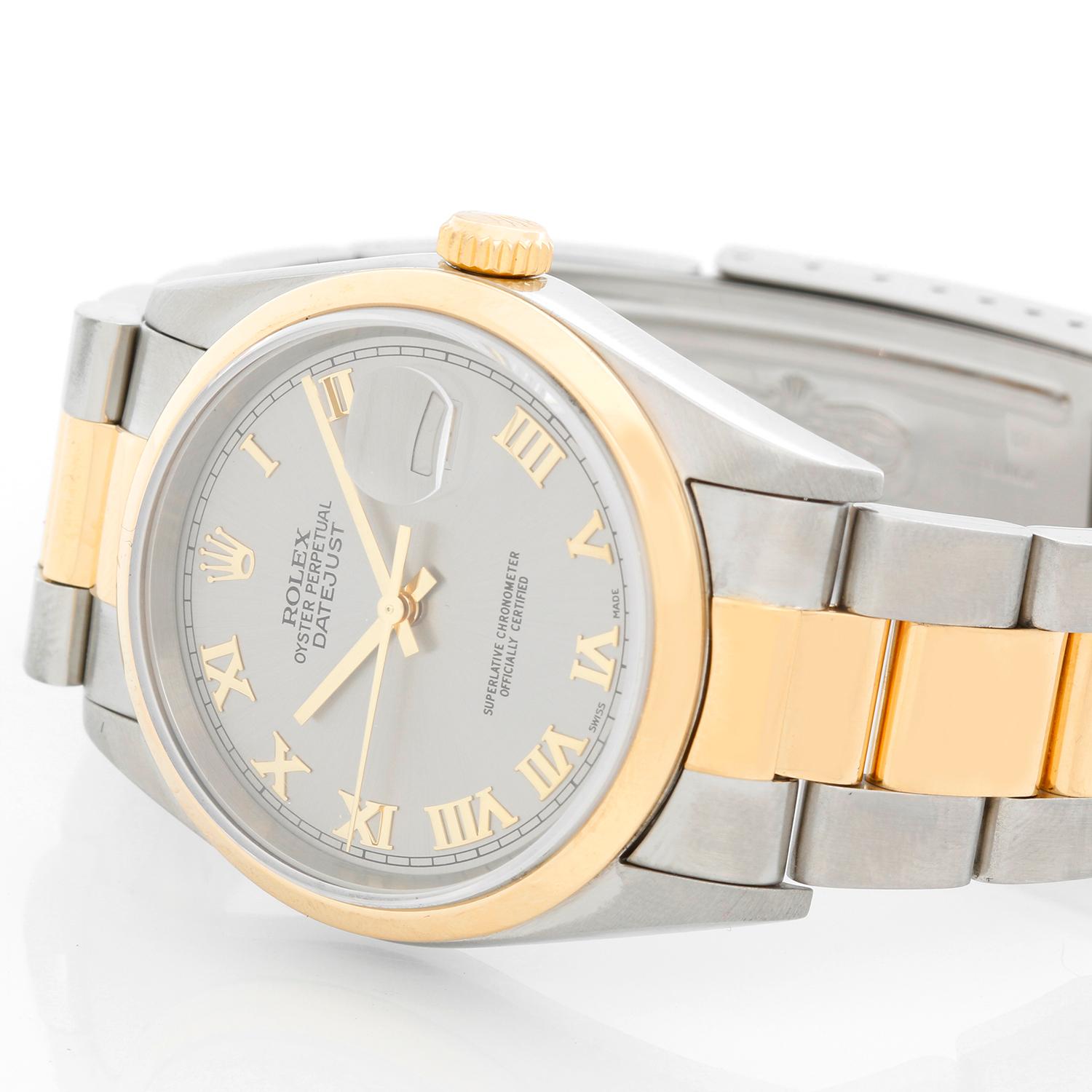 Rolex Datejust Men's Steel & Gold 2-Tone Watch Oyster Bracelet 16203 - Automatic winding, 31 jewels, Quickset, sapphire crystal. Stainless steel case with 18k yellow gold smooth bezel (36mm diameter). Rhodium Roman dial. Stainless steel and 18k