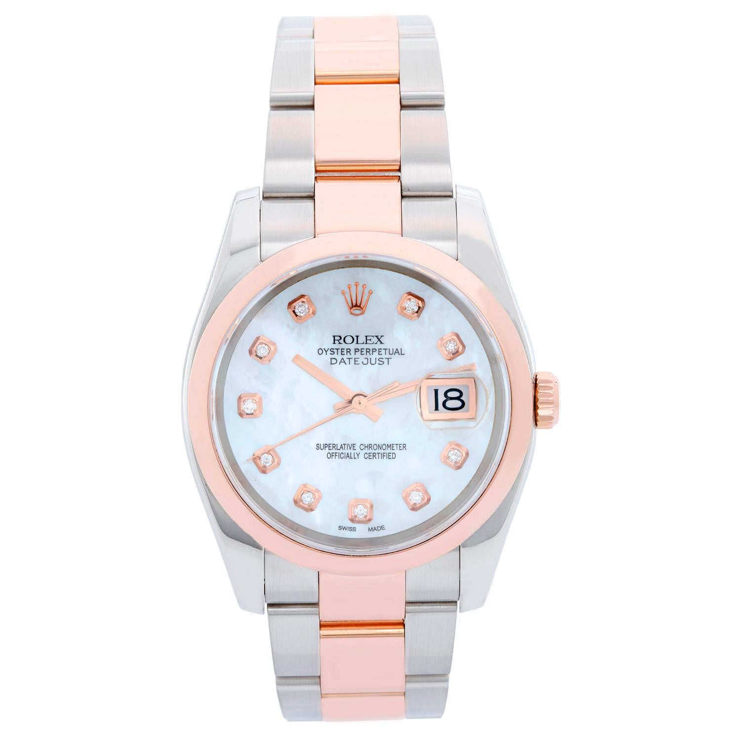 Rolex Datejust Men's Steel & Rose Gold Watch 116201 - Automatic winding, 31 jewels, Quickset, sapphire crystal. Stainless steel case with 18k rose gold smooth bezel ( 36 mm ) . Custom Mother of Pearl diamond dial . Stainless steel and 18k rose gold
