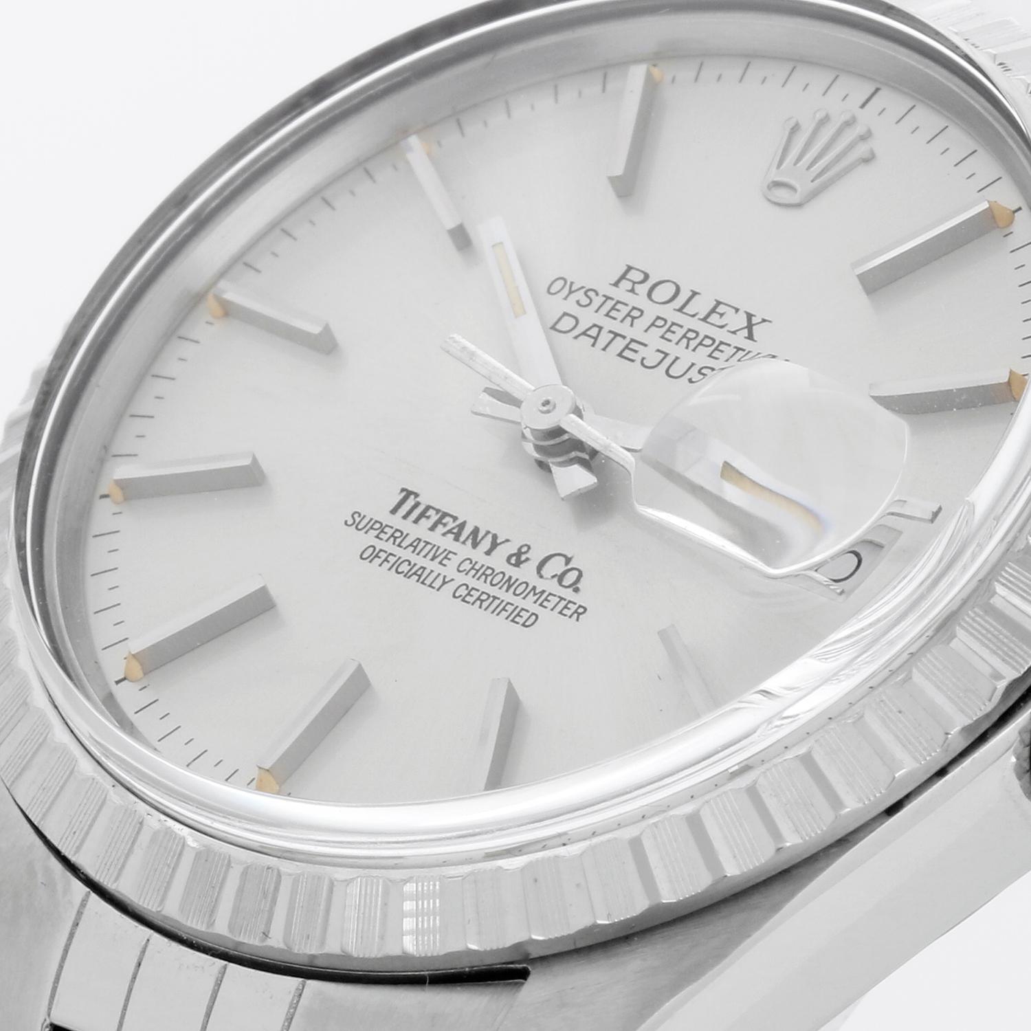 Rolex Datejust Men's Steel Tiffany & Co. Watch 16030 - Automatic winding with date; acrylic crystal. Stainless steel case with engine turned bezel (36mm diameter). Silver dial with stick hour markers signed Tiffany & Co.. Stainless steel Jubilee
