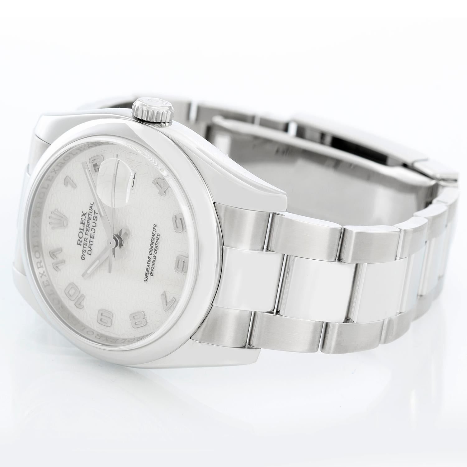 Rolex Datejust Men's Steel Watch 116200 - Automatic winding, 31 jewels, Quickset, sapphire crystal. Stainless steel case with smooth bezel. Cream jubilee Dial . Stainless steel Oyster bracelet. Pre-owned with custom box