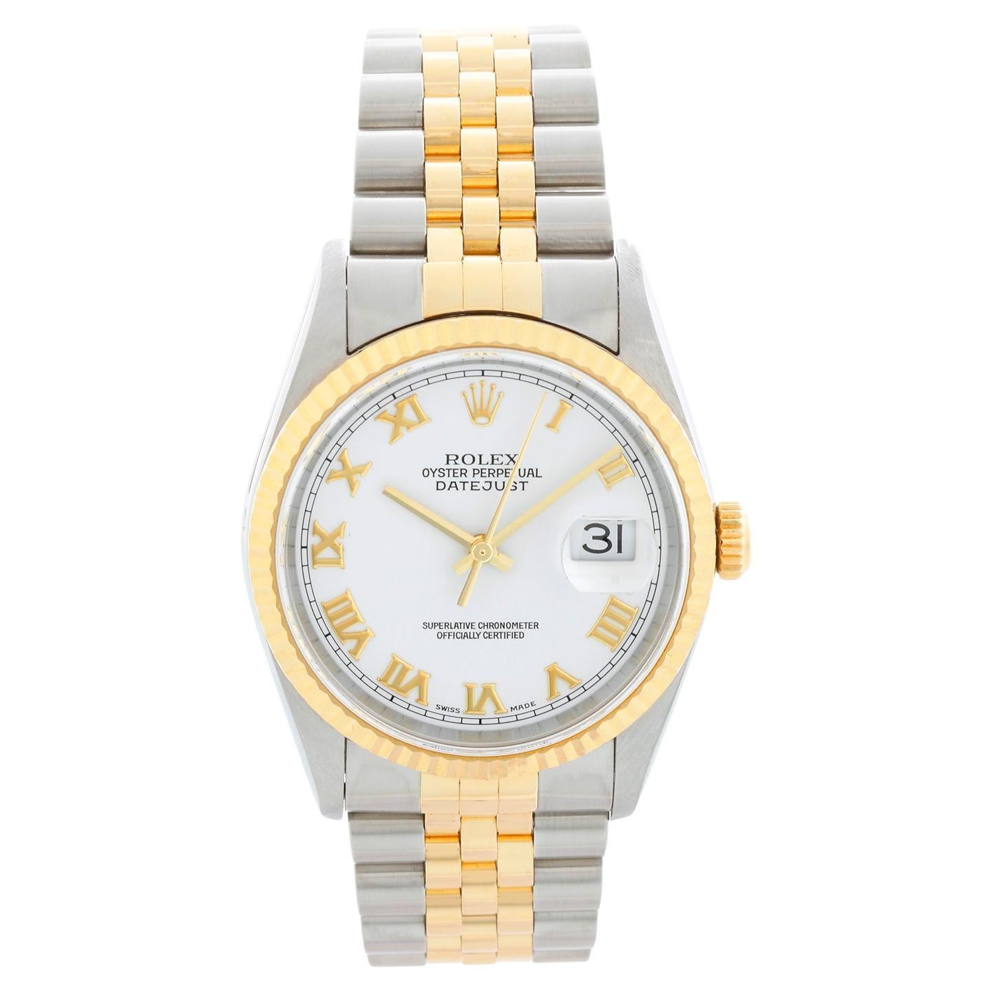 Rolex Datejust Herren weißes römisches Zifferblatt 2-Ton Uhr 16233