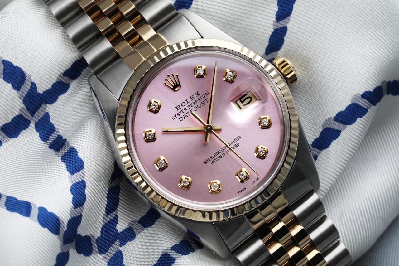 Round Cut Rolex Datejust Metallic Pink Diamond Dial Yellow Gold & Stainless Steel Watch For Sale
