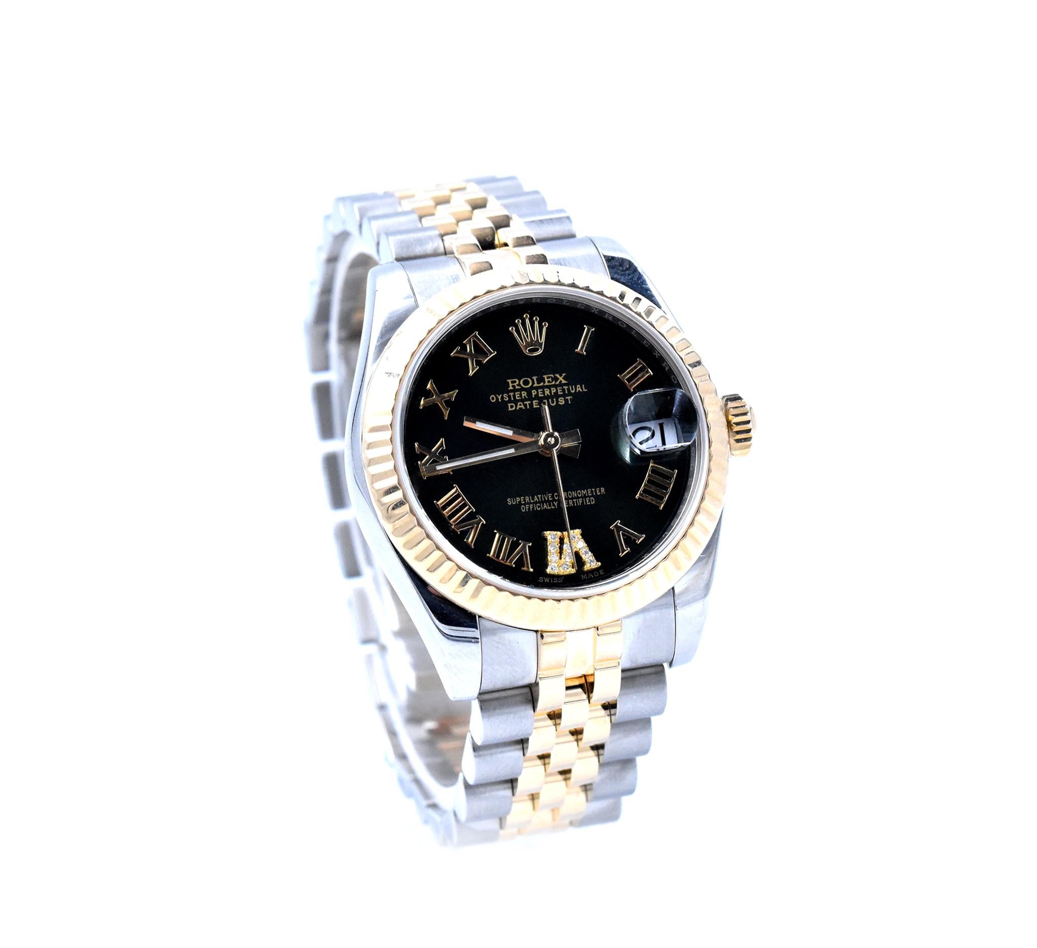 Movement: automatic movement
Function: hours, minutes, seconds, date
Case: round 31mm stainless steel case with fluted 18k yellow gold bezel, inner reflector ring engraved with serial number, sapphire crystal, screw-down crown, water proof to 100