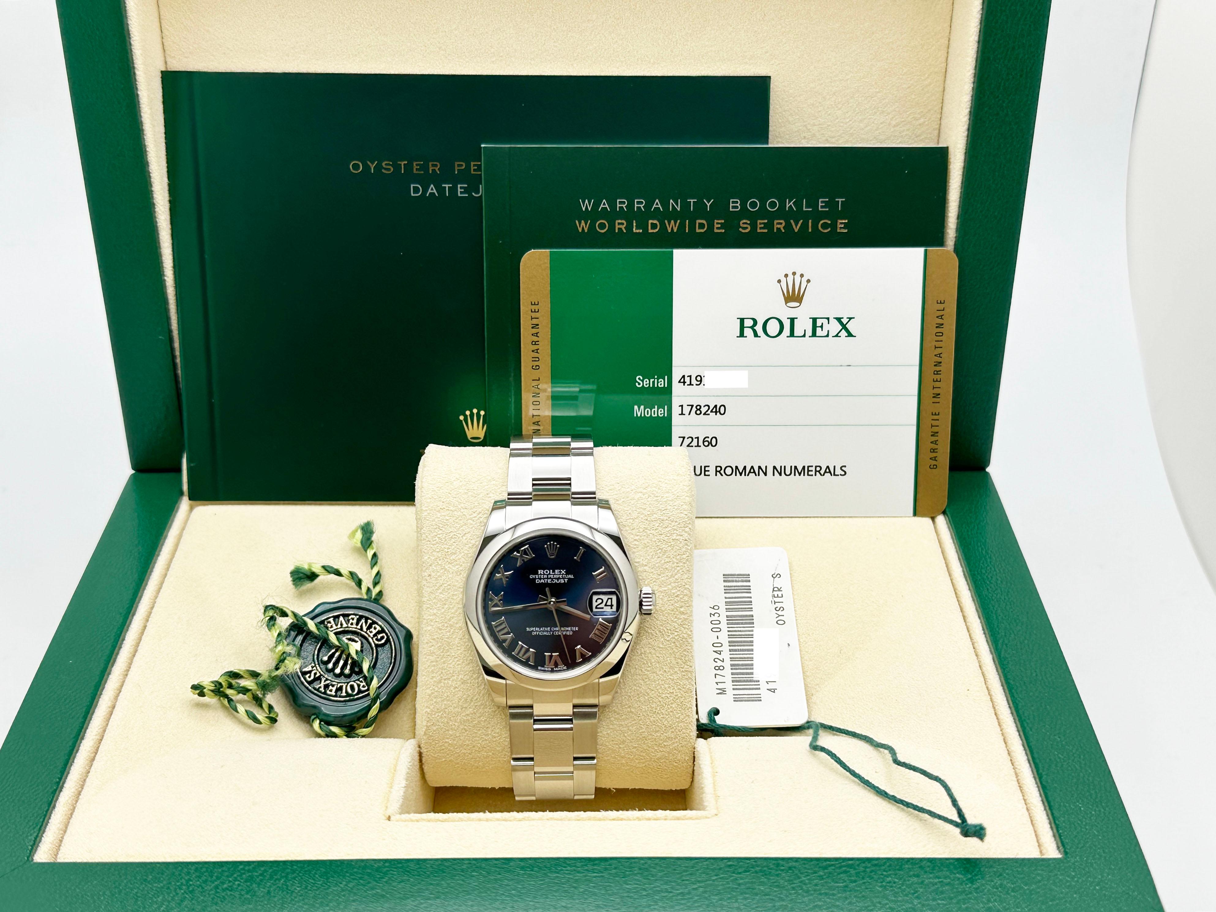 Style Number: 178240



Serial: 41919***



Year: 2019

 

Model: Rolex Datejust Midsize

 

Case Material: Stainless Steel

 

Band: Stainless Steel

   

Bezel: Stainless Steel

   

Dial: Blue

 

Face: Sapphire Crystal

 

Case Size: 31mm

