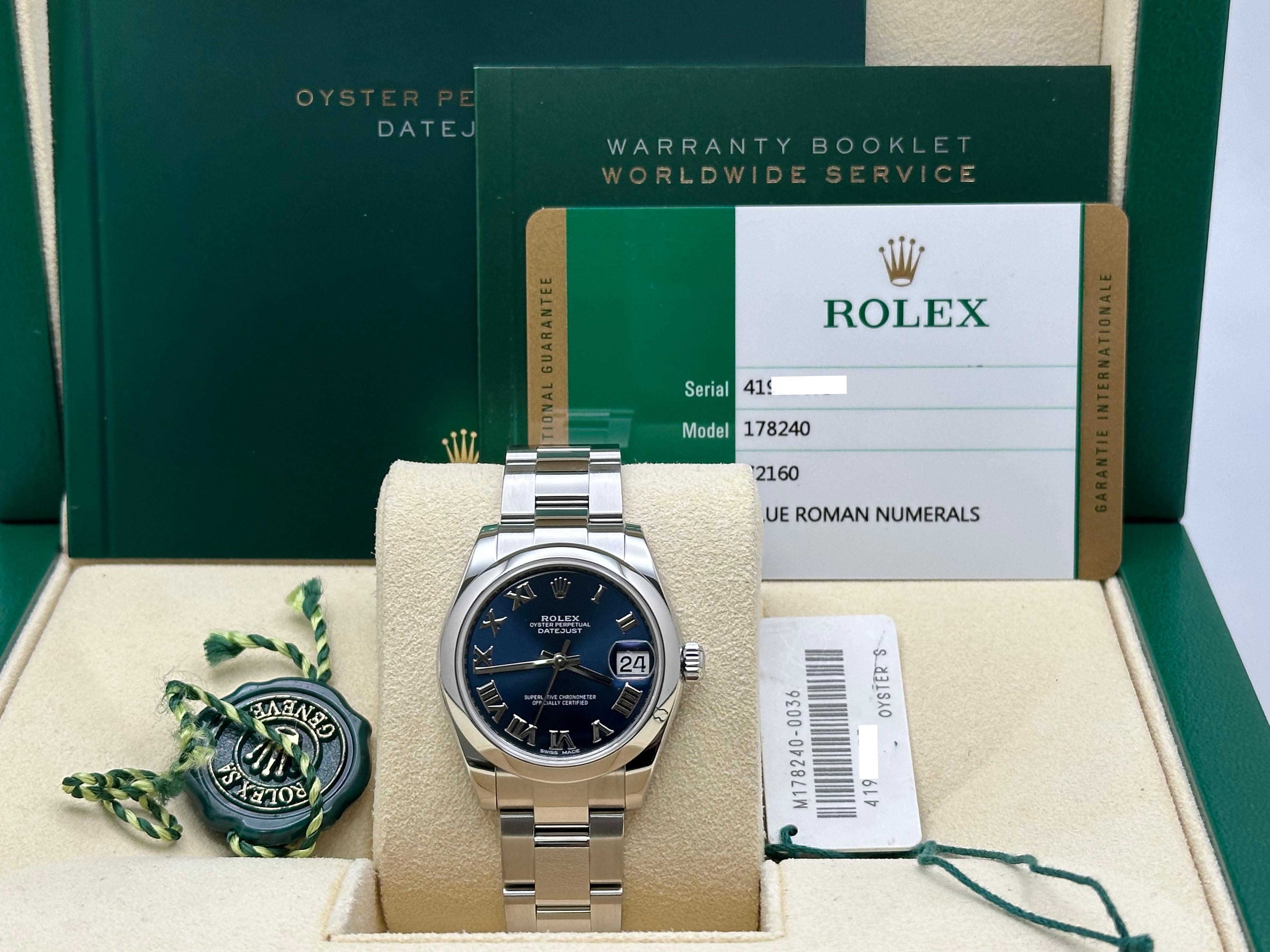 Rolex Datejust Midsize 178240 31mm Blue Roman Dial Stainless Steel Box Papers im Zustand „Hervorragend“ im Angebot in San Diego, CA