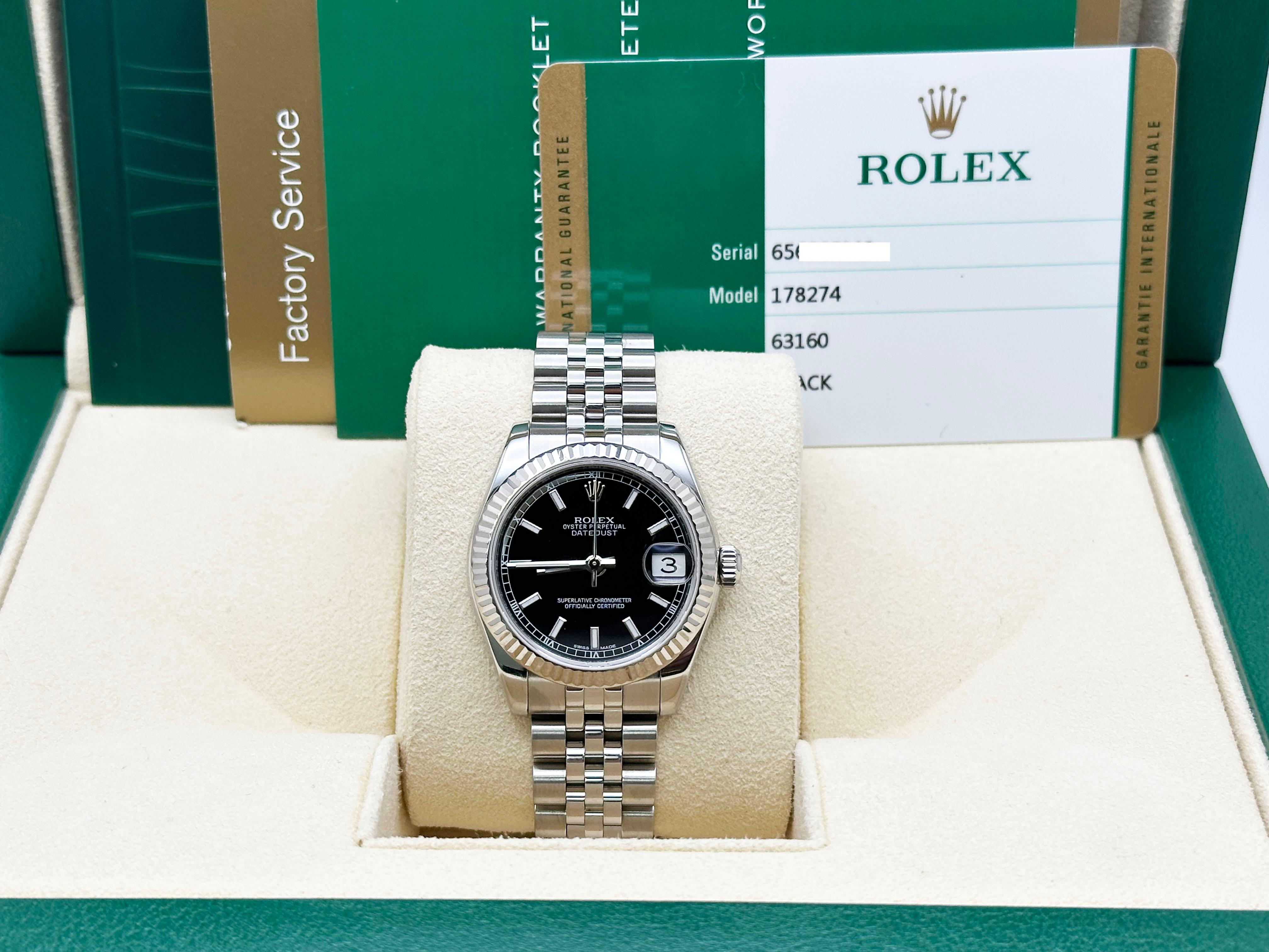 Style Number: 178274



Serial: 65600***



Year: 2015

 

Model: Rolex Datejust Midsize 

 

Case Material: Stainless Steel 

 

Band: Stainless Steel 

  

Bezel: 18K White Gold 

  

Dial: Black 

 

Face: Sapphire Crystal 

 

Case Size: 31mm 

