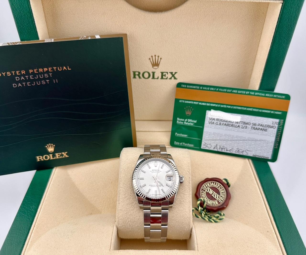 Rolex Datejust Midsize 178274 31mm Silver Dial Stainless Steel Box Papers In Excellent Condition For Sale In San Diego, CA