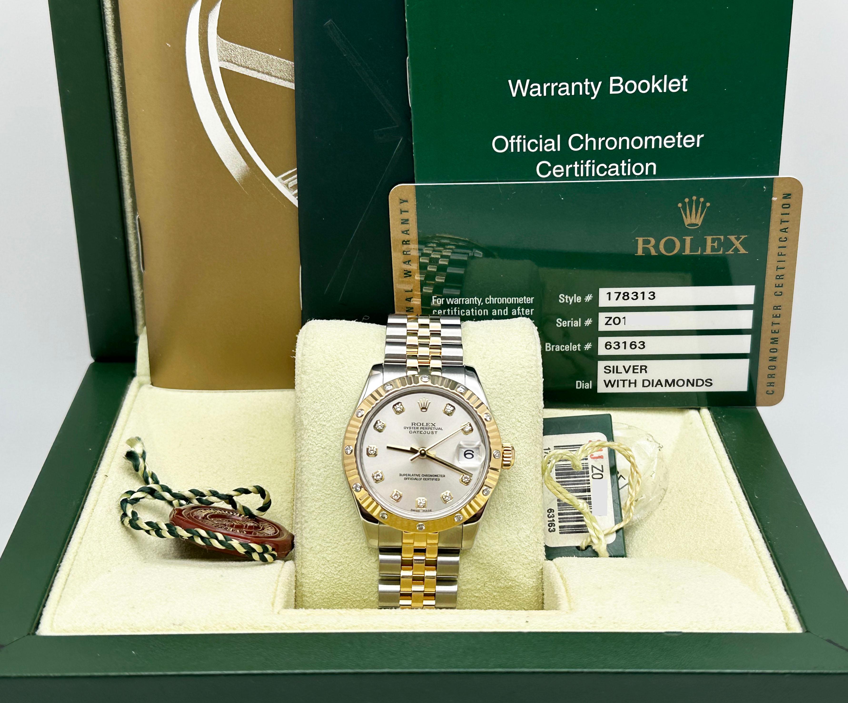 Rolex Datejust Midsize 178313 31mm Quadrante con diamanti Lunetta in oro 18 carati Acciaio Scatola di carta in vendita 6