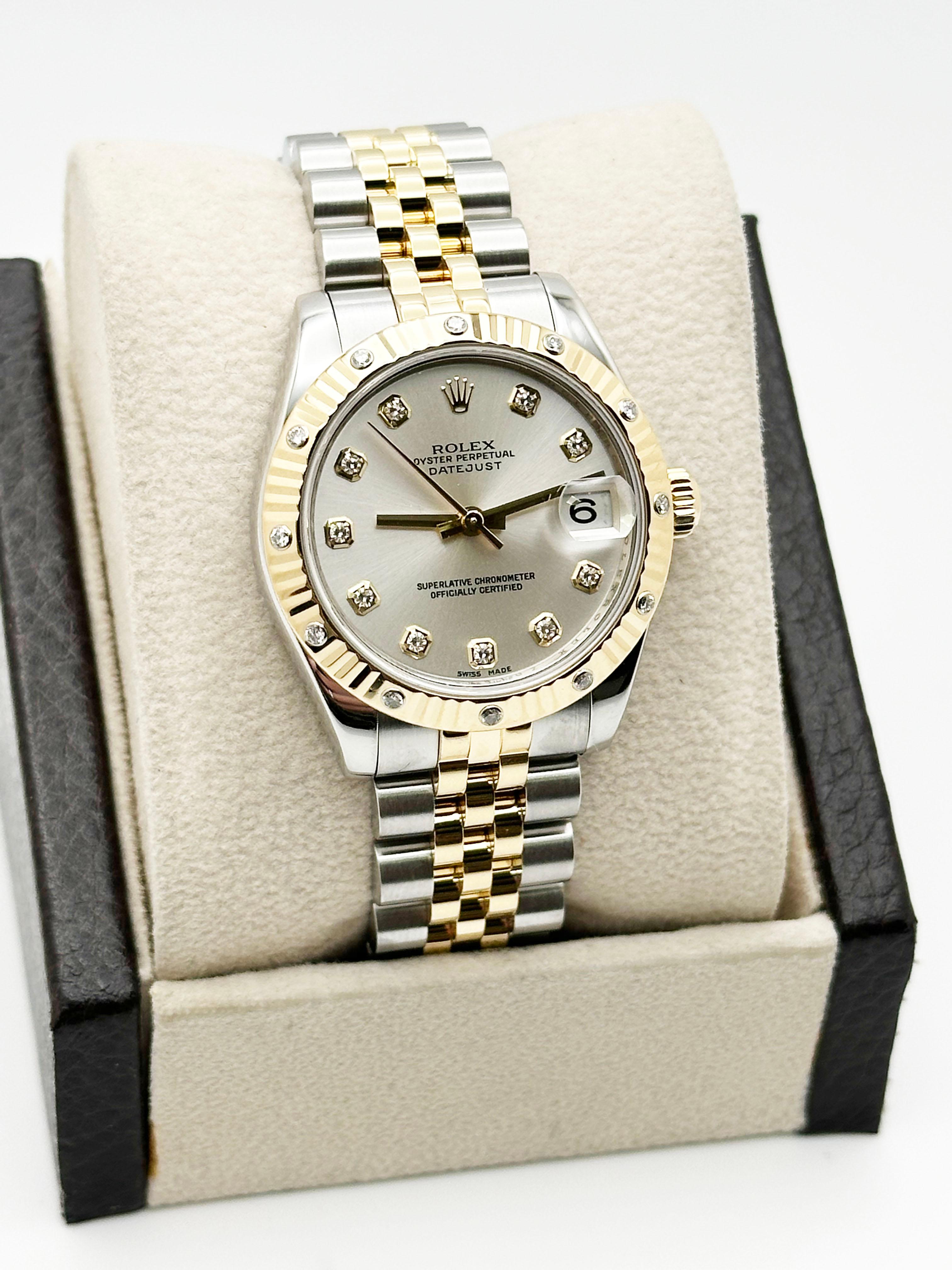 Rolex Datejust Midsize 178313 31mm Quadrante con diamanti Lunetta in oro 18 carati Acciaio Scatola di carta In condizioni ottime in vendita a San Diego, CA