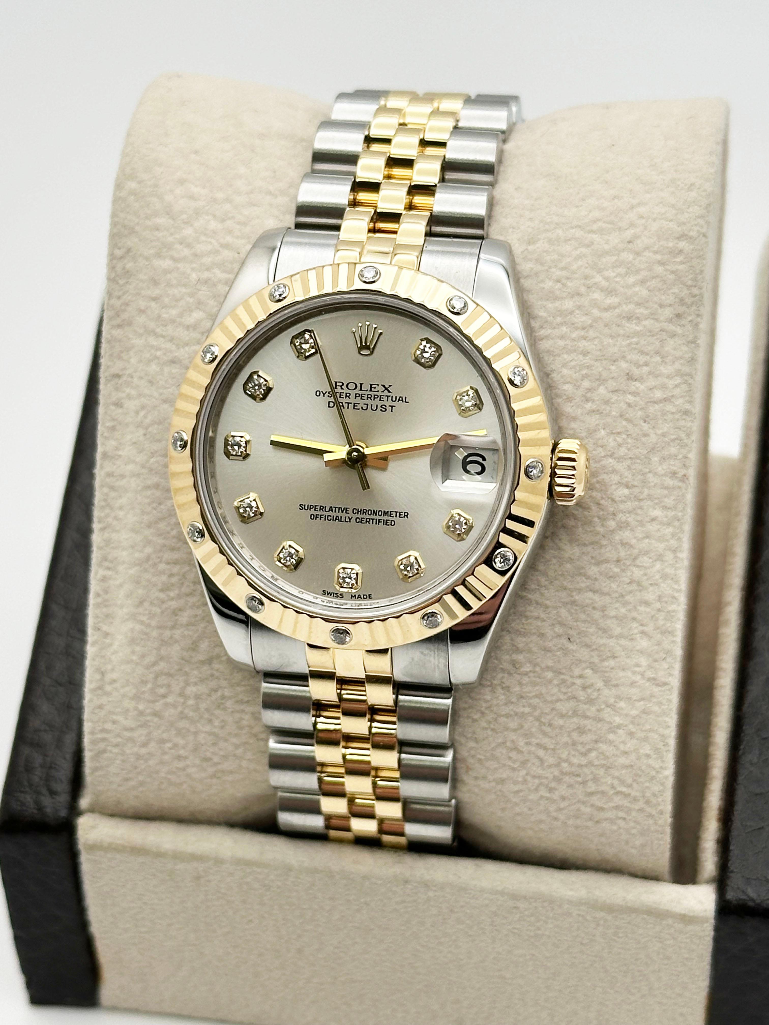 Donna Rolex Datejust Midsize 178313 31mm Quadrante con diamanti Lunetta in oro 18 carati Acciaio Scatola di carta in vendita
