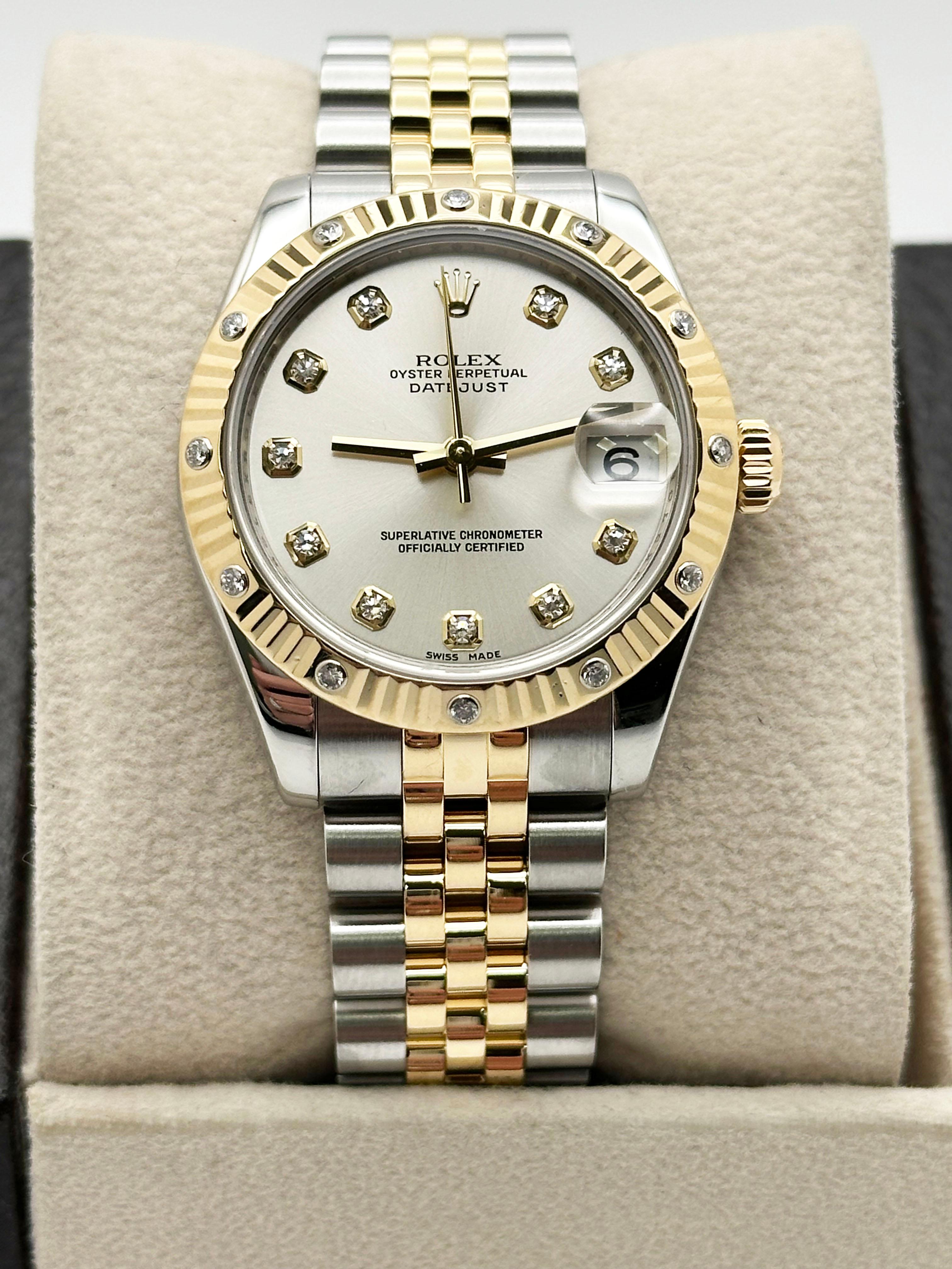 Rolex Datejust Midsize 178313 31mm Quadrante con diamanti Lunetta in oro 18 carati Acciaio Scatola di carta in vendita 1