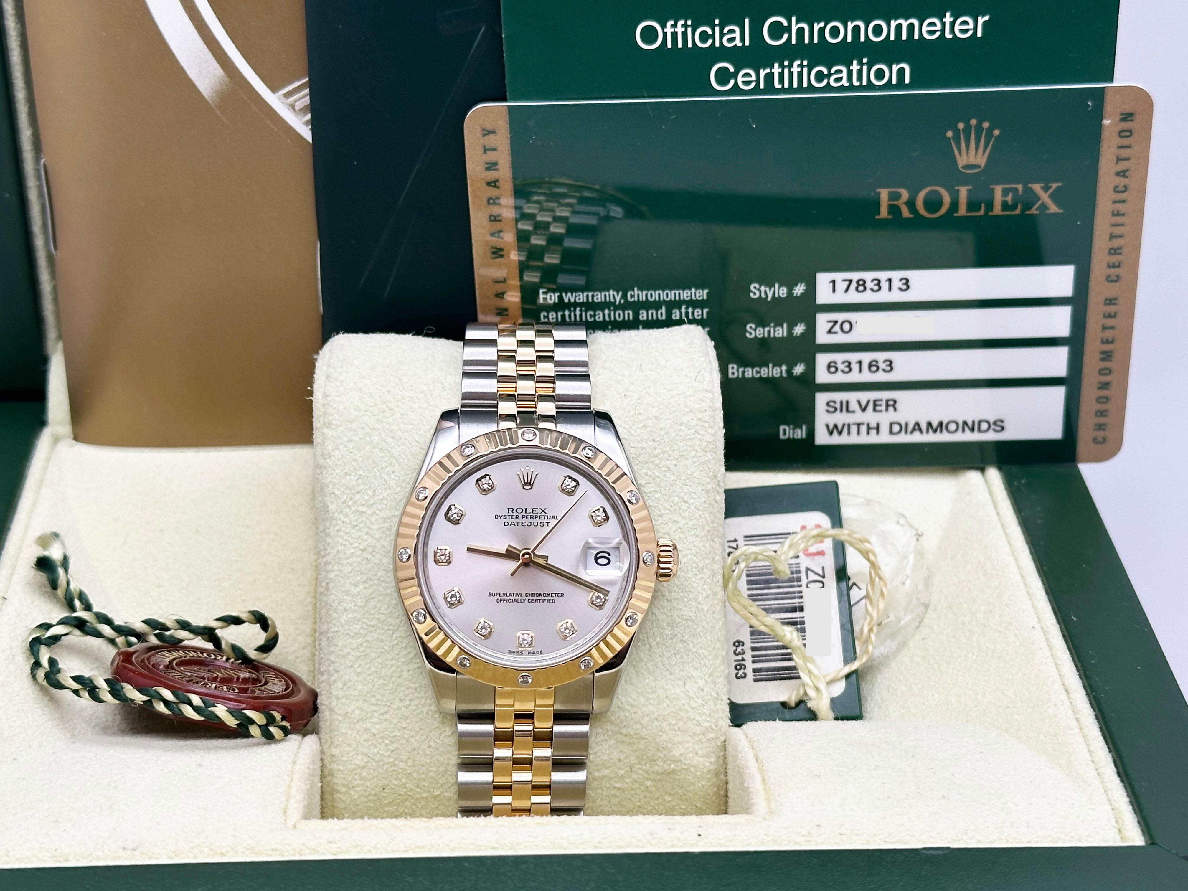 Rolex Datejust Midsize 178313 31mm Quadrante con diamanti Lunetta in oro 18 carati Acciaio Scatola di carta in vendita 5
