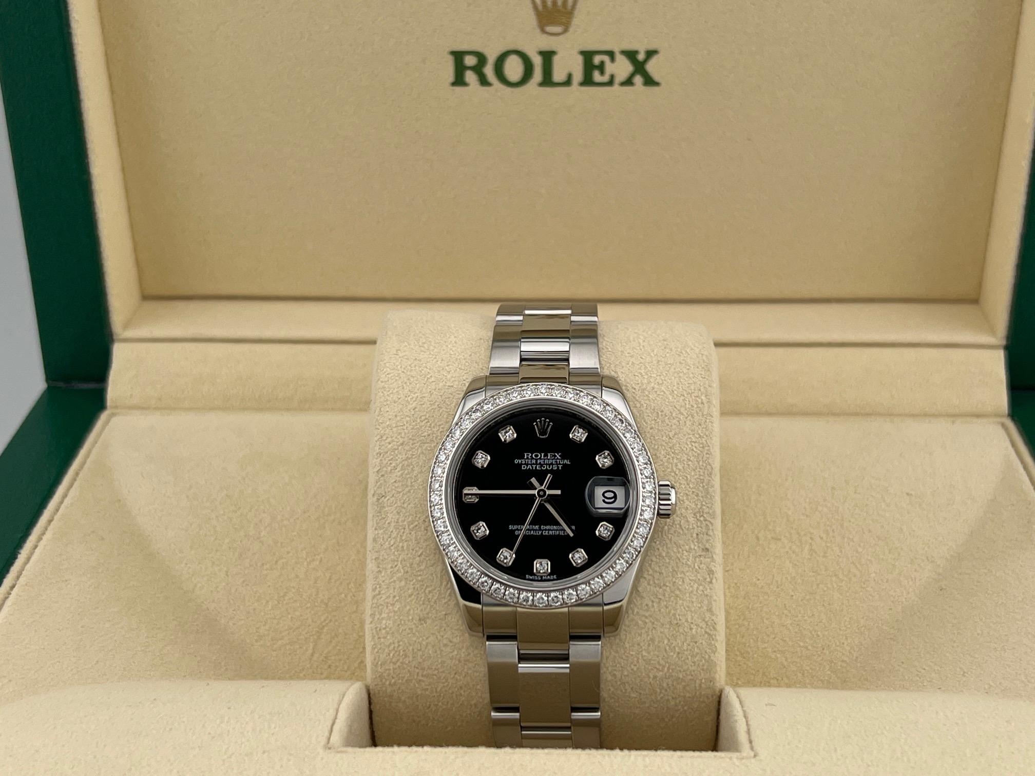 Rolex Datejust Midsize 178384 31mm Quadrante nero con diamanti Lunetta con diamanti Scatola d'acciaio in vendita 5