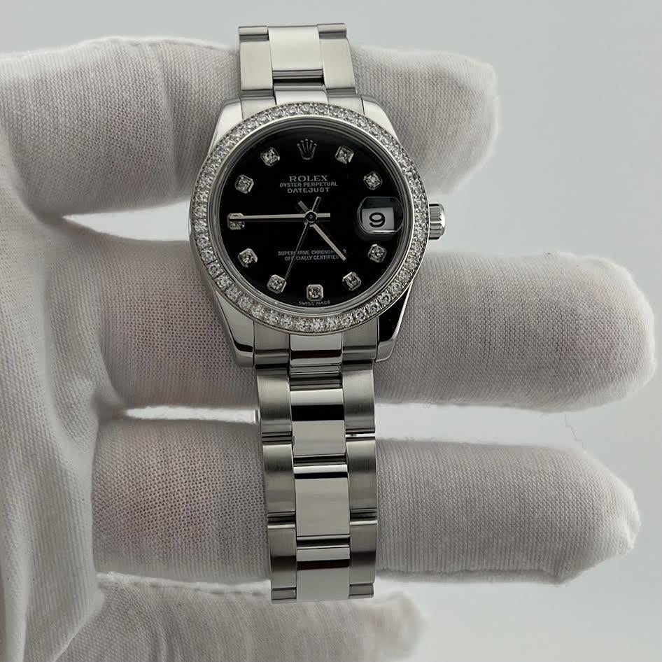 Rolex Datejust Midsize 178384 31mm Quadrante nero con diamanti Lunetta con diamanti Scatola d'acciaio in vendita 2