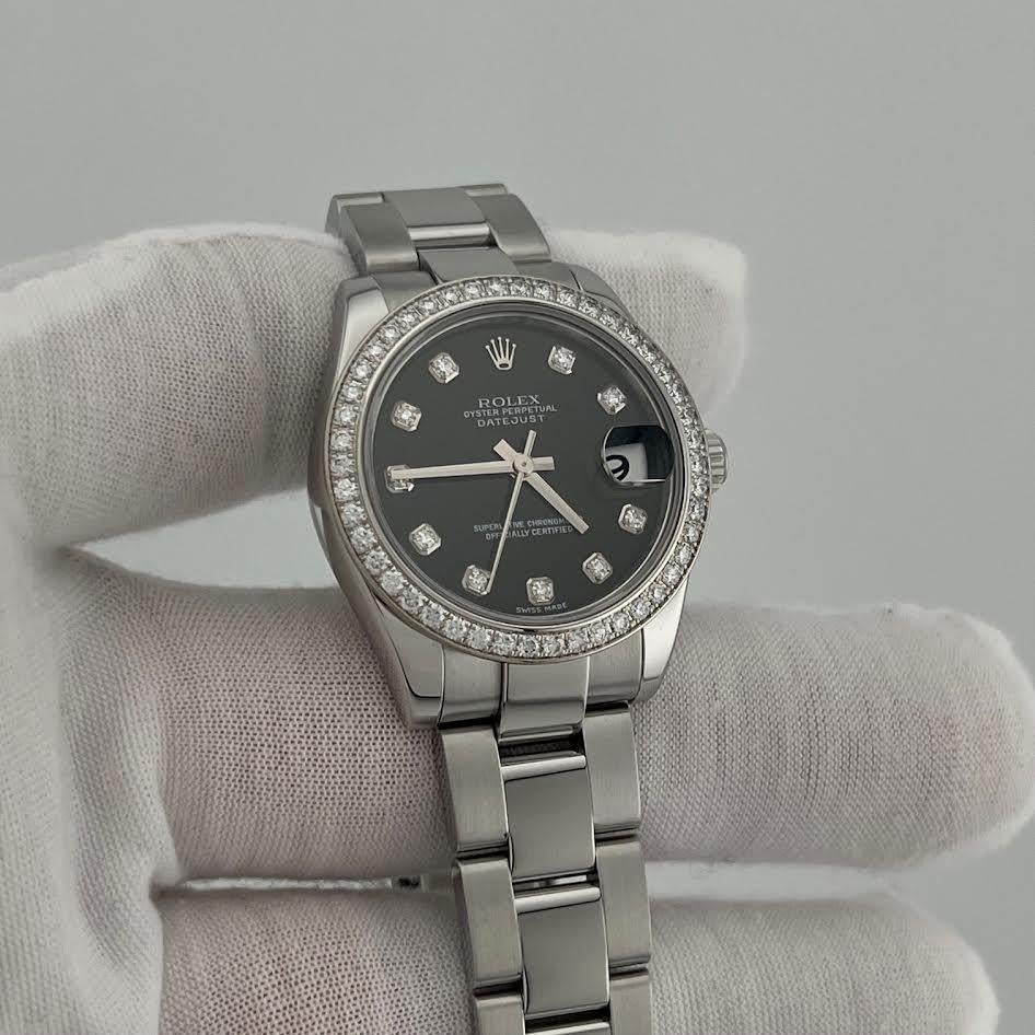 Rolex Datejust Midsize 178384 31mm Quadrante nero con diamanti Lunetta con diamanti Scatola d'acciaio in vendita 3