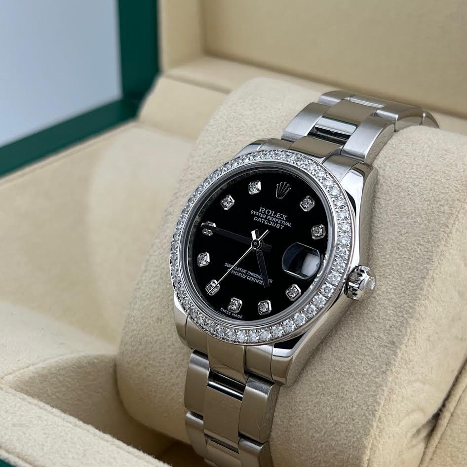Rolex Datejust Midsize 178384 31mm Quadrante nero con diamanti Lunetta con diamanti Scatola d'acciaio in vendita 4