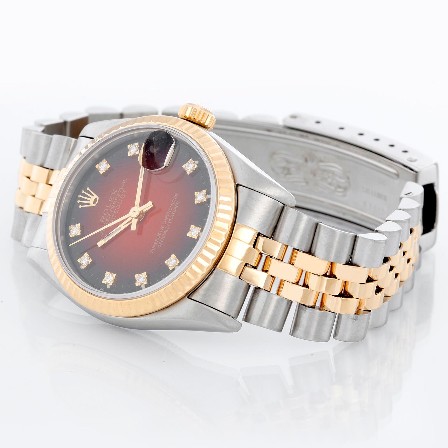 Rolex Datejust Midsize 2-Tone Watch Red Vignette Dial 68273 - Automatic winding, 29 jewels, Quickset, sapphire crystal.  Stainless steel case with 18k yellow gold  fluted bezel ( 31 mm ) . Factory Diamond Red Vignette Dial. Stainless steel and 18k