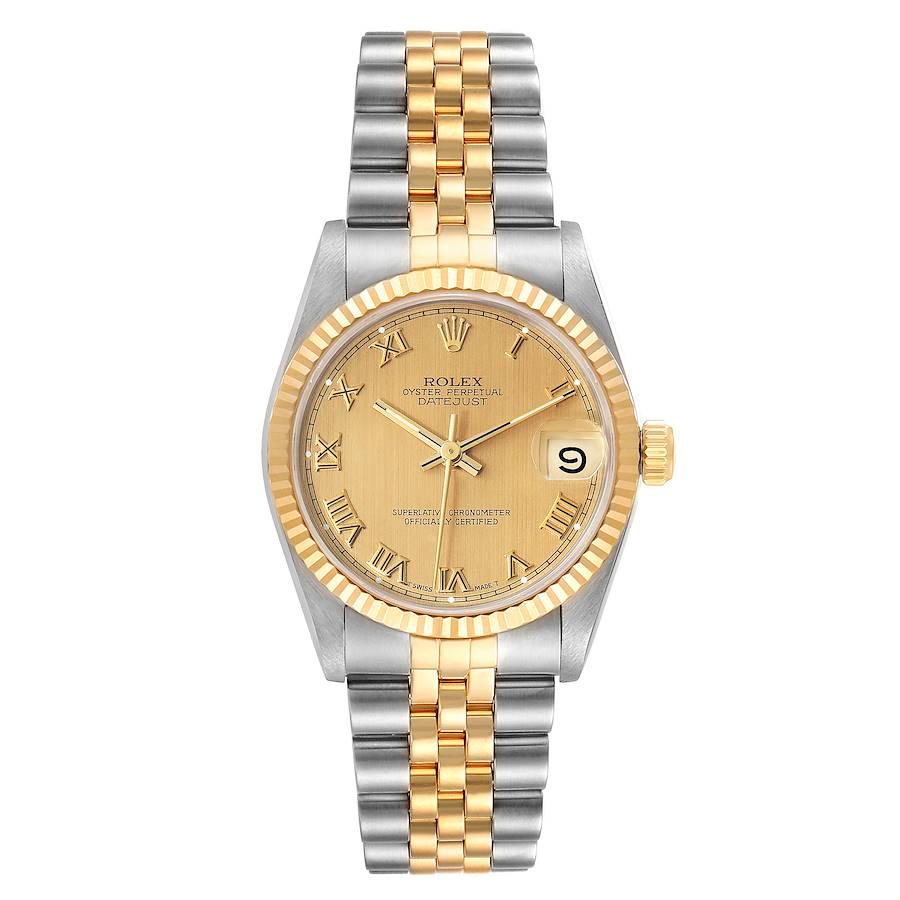 Rolex Datejust Midsize 31 Champagne Dial Steel Yellow Gold Watch 68273. Officially certified chronometer self-winding movement. Stainless steel oyster case 31 mm in diameter. Rolex logo on a 18K yellow gold crown. 18k yellow gold fluted bezel.
