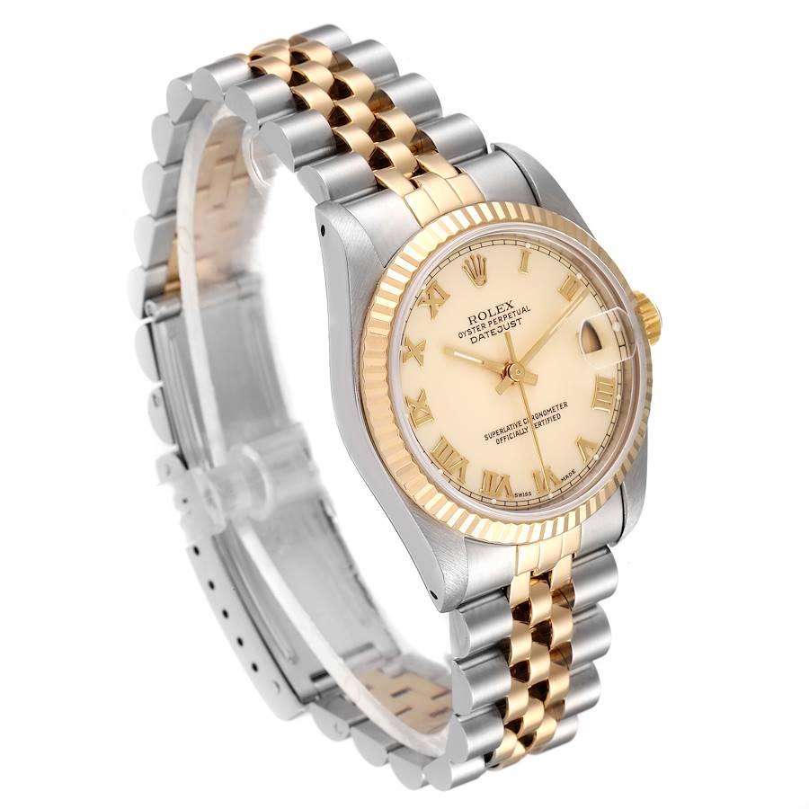 Rolex Datejust Midsize 31 Ivory Roman Dial Steel Yellow Gold Watch 68273 In Excellent Condition For Sale In Atlanta, GA