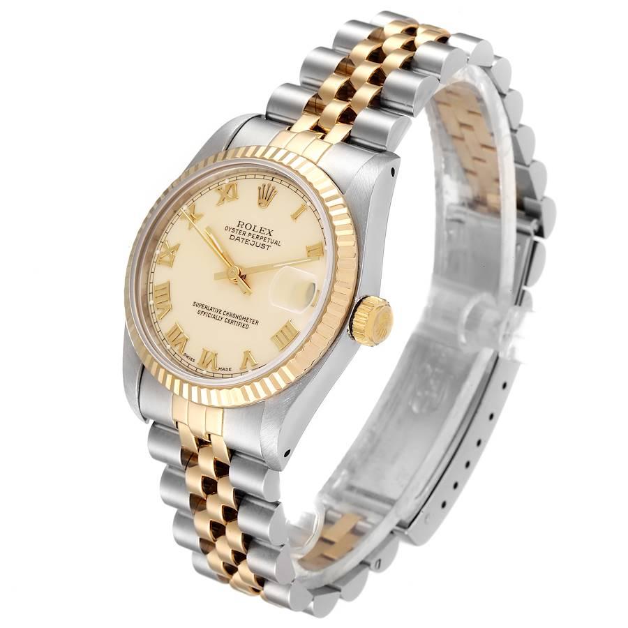 Women's Rolex Datejust Midsize 31 Ivory Roman Dial Steel Yellow Gold Watch 68273 For Sale