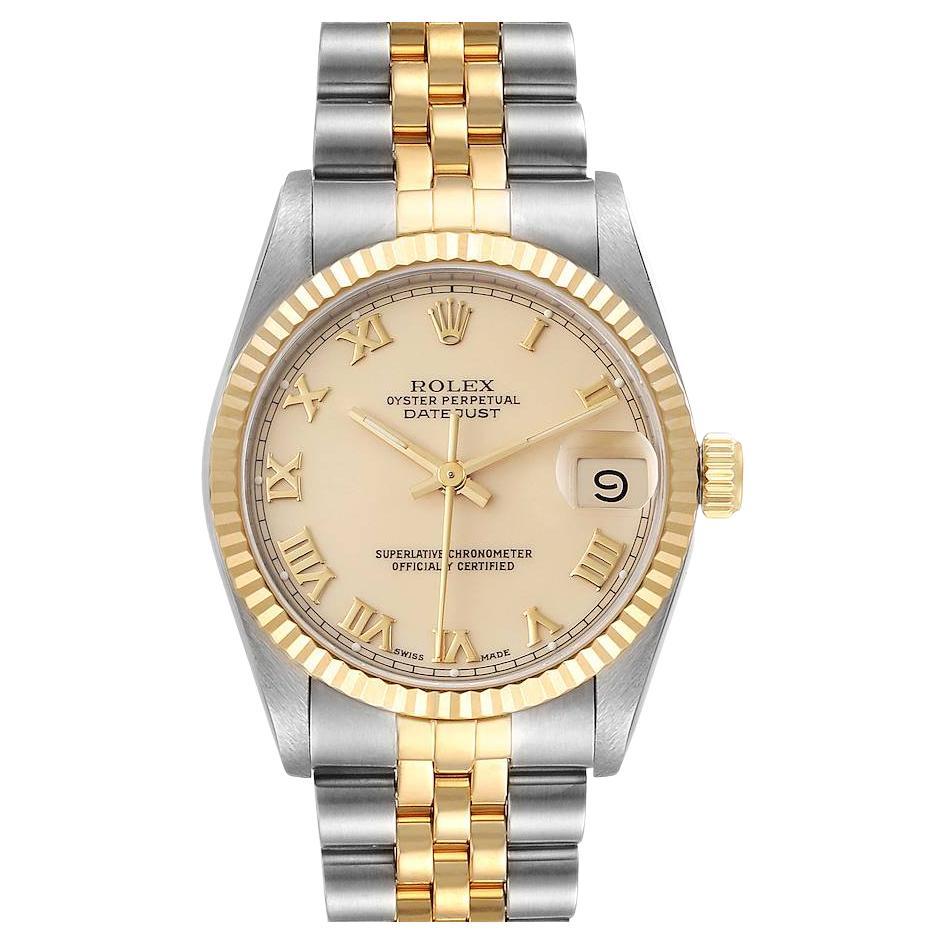 Rolex Datejust Midsize 31 Ivory Roman Dial Steel Yellow Gold Watch 68273 For Sale