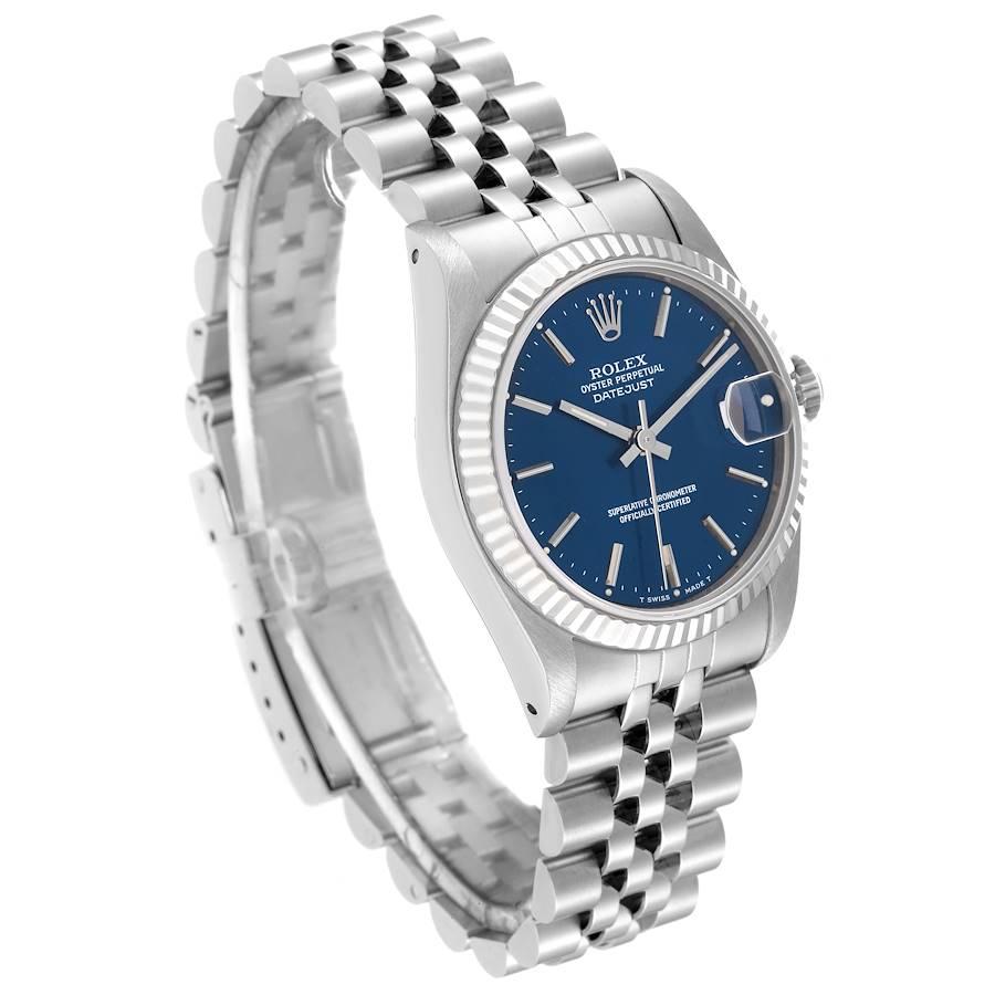 Rolex Datejust Midsize 31 Steel White Gold Blue Dial Ladies Watch 68274 In Excellent Condition In Atlanta, GA