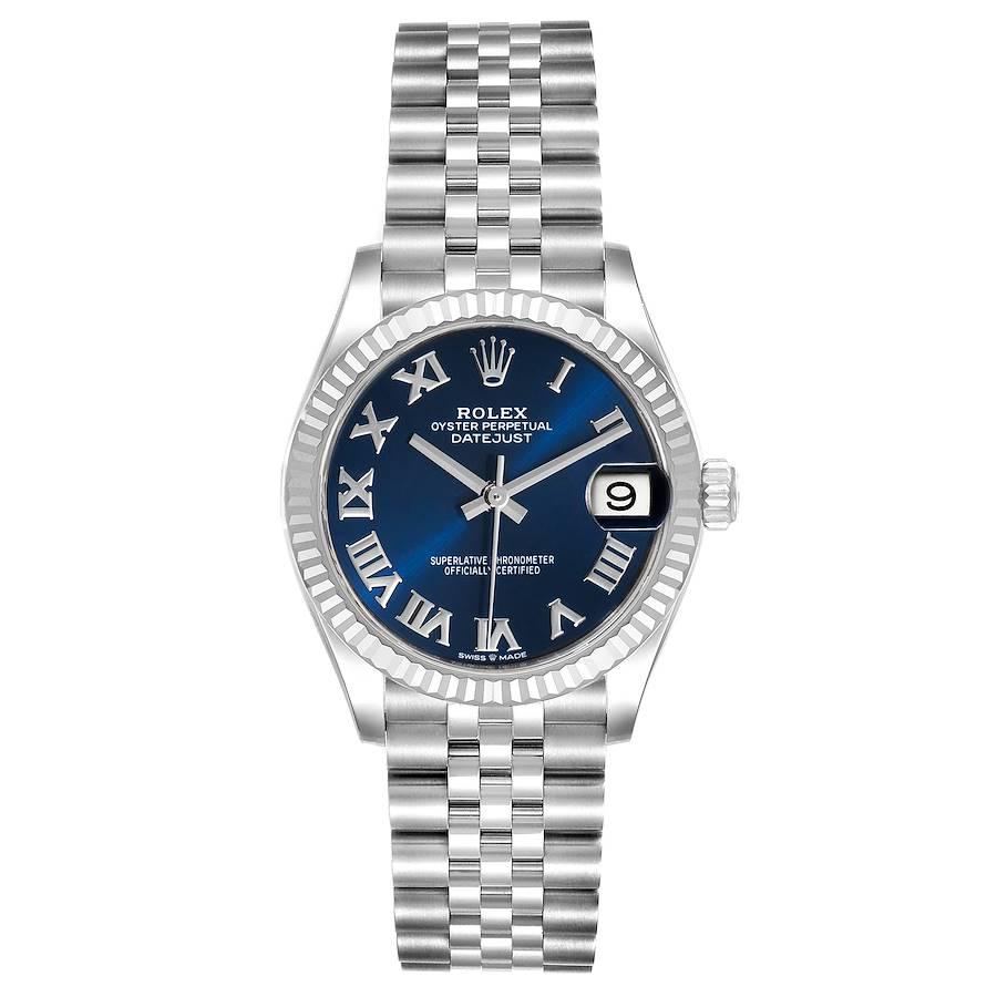 Rolex Datejust Midsize 31 Steel White Gold Blue Dial Watch 278274 Unworn. Officially certified chronometer self-winding movement. Stainless steel oyster case 31.0 mm in diameter. Rolex logo on a crown. 18k white gold fluted bezel. Scratch resistant