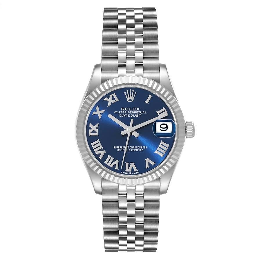 Rolex Datejust Midsize 31 Steel White Gold Blue Dial Watch 278274 Unworn. Officially certified chronometer automatic self-winding movement. Stainless steel oyster case 31.0 mm in diameter. Rolex logo on the crown. 18k white gold fluted bezel.