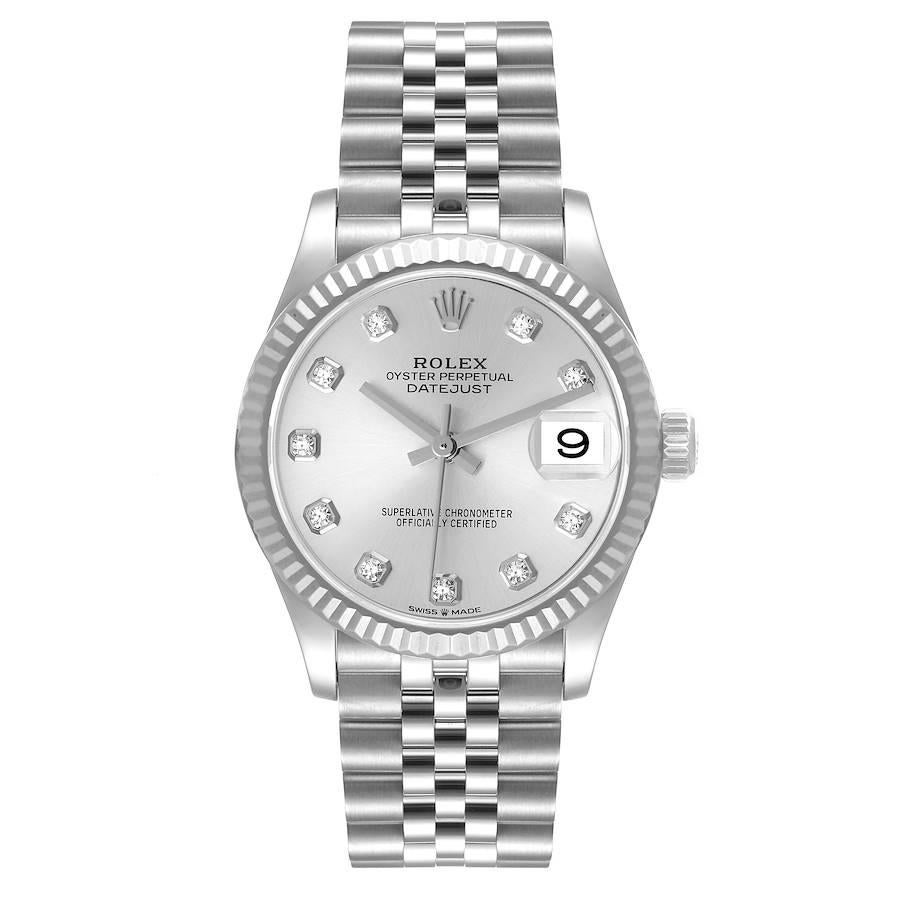 Rolex Datejust Midsize 31 Steel White Gold Diamond Dial Ladies Watch 278274. Officially certified chronometer self-winding movement. Stainless steel oyster case 31.0 mm in diameter. Rolex logo on a crown. 18k white gold fluted bezel. Scratch