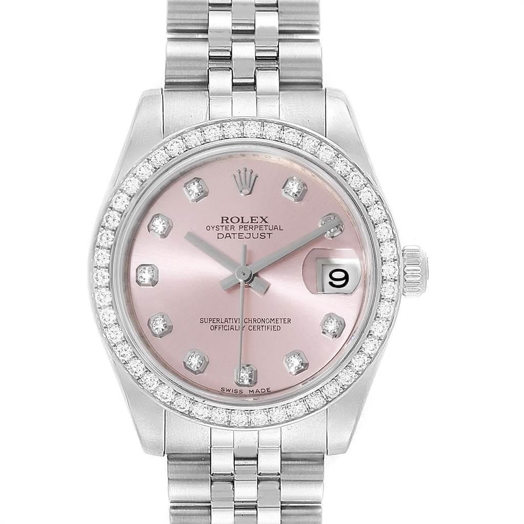 Rolex Datejust Midsize 31 Steel White Gold Diamond Ladies Watch 178384. Officially certified chronometer self-winding movement. Stainless steel oyster case 31.0 mm in diameter. Rolex logo on a crown. Original Rolex factory 18K white gold diamond