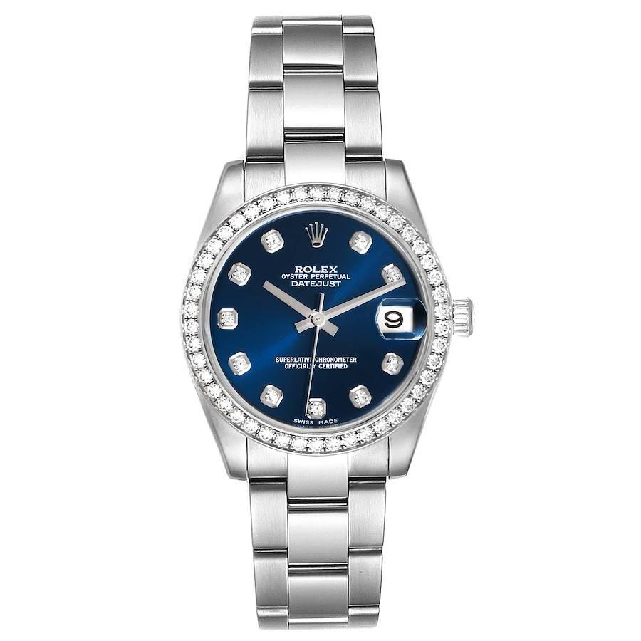 Rolex Datejust Midsize 31 Steel White Gold Diamond Ladies Watch 178384. Officially certified chronometer self-winding movement. Stainless steel oyster case 31.0 mm in diameter. Rolex logo on a crown. Original Rolex factory 18K white gold diamond