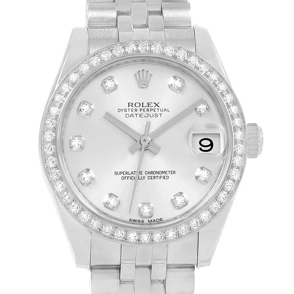 Rolex Datejust Midsize 31 Steel White Gold Diamond Watch 178384 Box Card. Officially certified chronometer self-winding movement with quickset date function. Stainless steel oyster case 31.0 mm in diameter. Rolex logo on a crown. Original Rolex