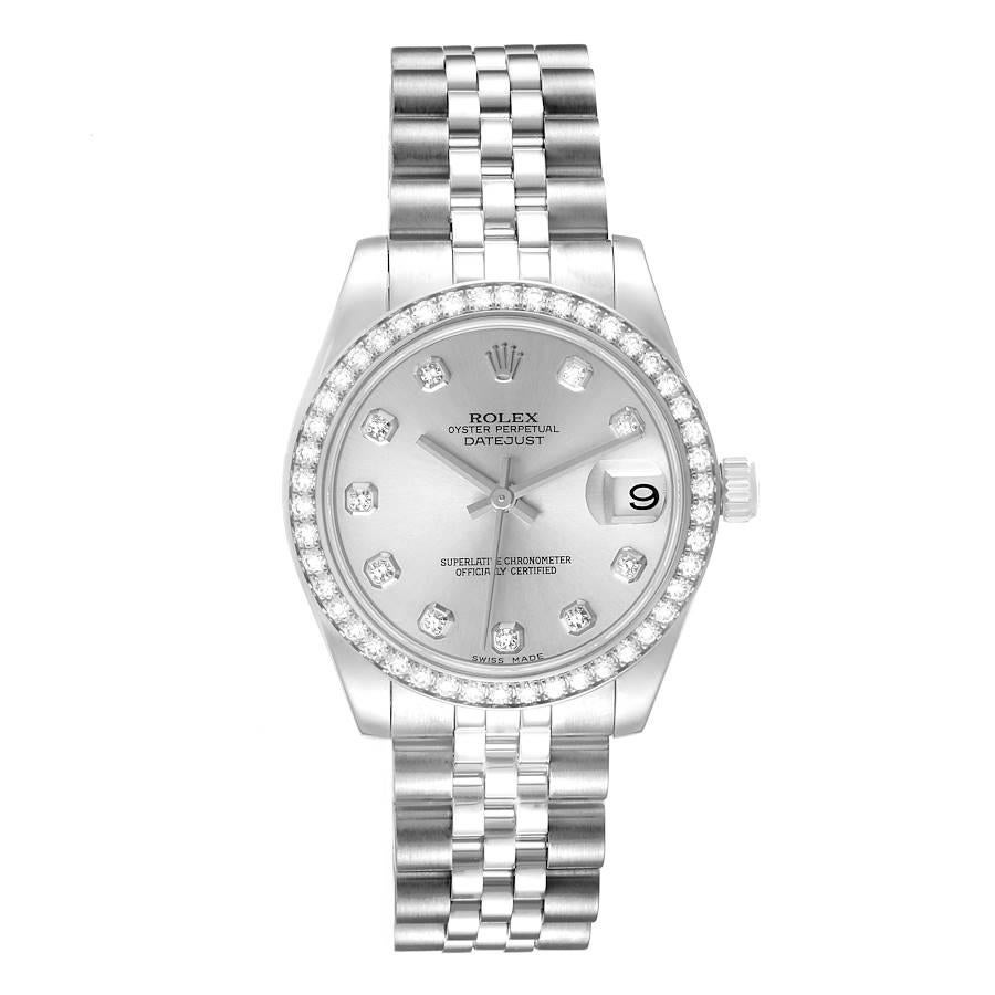 Rolex Datejust Midsize 31 Steel White Gold Diamond Watch 178384. Officially certified chronometer self-winding movement. Stainless steel oyster case 31.0 mm in diameter. Rolex logo on a crown. Original Rolex factory 18K white gold diamond bezel.