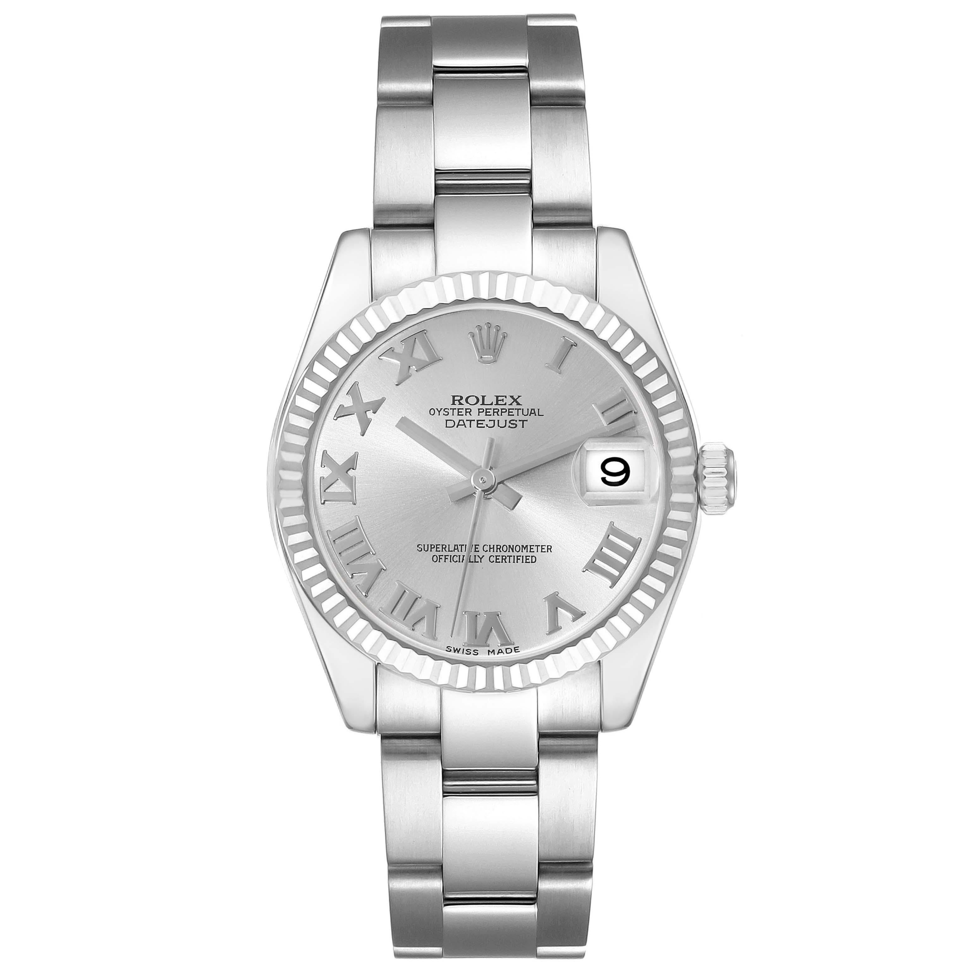 Rolex Datejust Midsize 31 Steel White Gold Ladies Watch 178274 Box Card. Officially certified chronometer automatic self-winding movement. Stainless steel oyster case 31.0 mm in diameter. Rolex logo on the crown. 18k white gold fluted bezel. Scratch