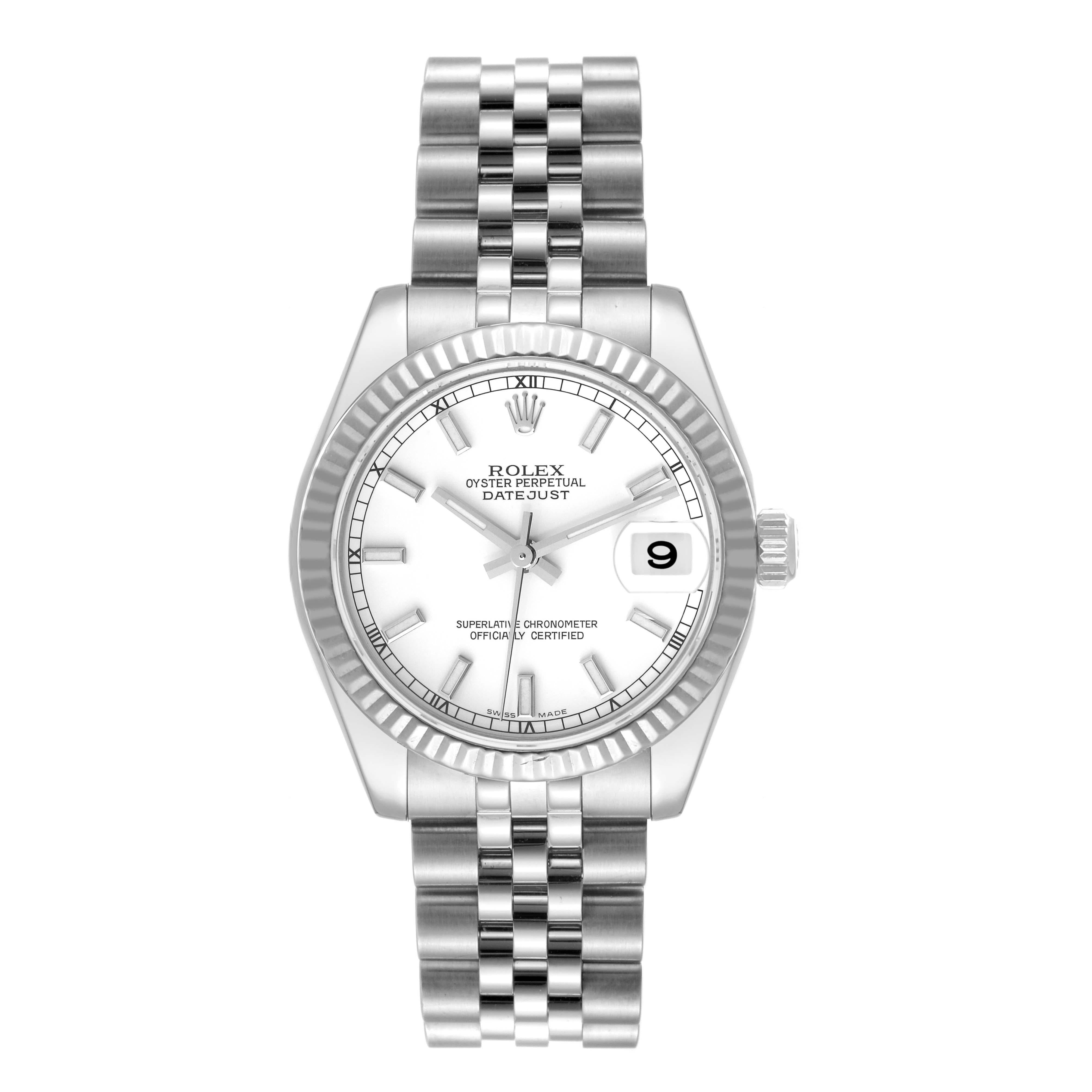 Rolex Datejust Midsize 31 Steel White Gold Ladies Watch 178274. Officially certified chronometer automatic self-winding movement. Stainless steel oyster case 31.0 mm in diameter. Rolex logo on the crown. 18k white gold fluted bezel. Scratch
