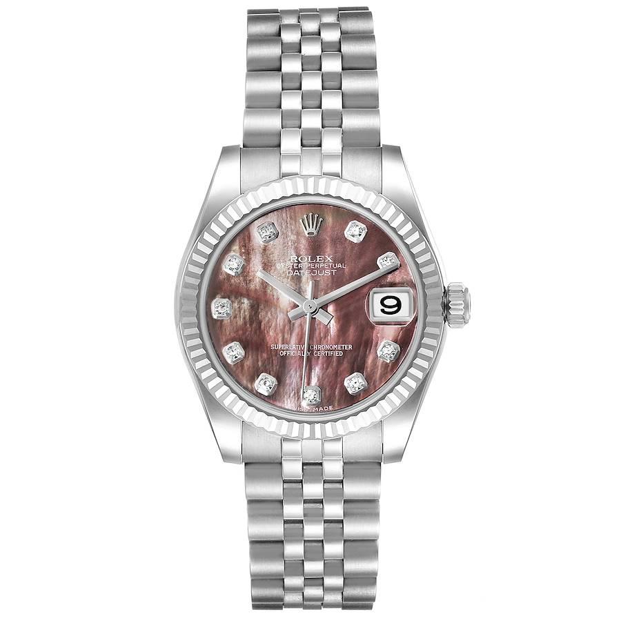 Rolex Datejust Midsize 31 Steel White Gold MOP Diamond Watch 178274 Box Card. Officially certified chronometer self-winding movement. Stainless steel oyster case 31.0 mm in diameter. Rolex logo on a crown. 18k white gold fluted bezel. Scratch