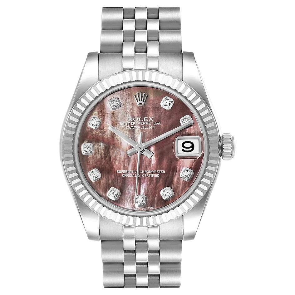 Rolex Datejust Midsize 31 Steel White Gold MOP Diamond Watch 178274 Box Card For Sale