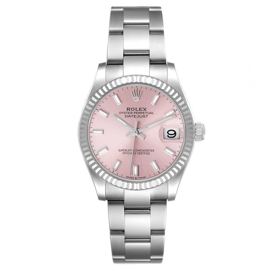 Rolex Datejust Midsize 31 Steel White Gold Pink Dial Watch 278274. Officially certified chronometer self-winding movement. Stainless steel oyster case 31.0 mm in diameter. Rolex logo on a crown. 18k white gold fluted bezel. Scratch resistant