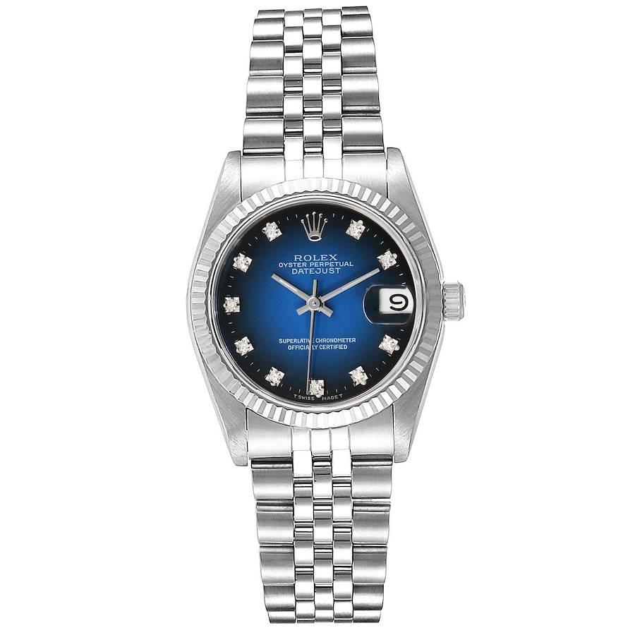 Rolex Datejust Midsize 31 Steel White Gold Vignette Diamond Watch 68274. Officially certified chronometer self-winding movement. Stainless steel oyster case 31.0 mm in diameter. Rolex logo on a crown. 18k white gold fluted bezel. Scratch resistant